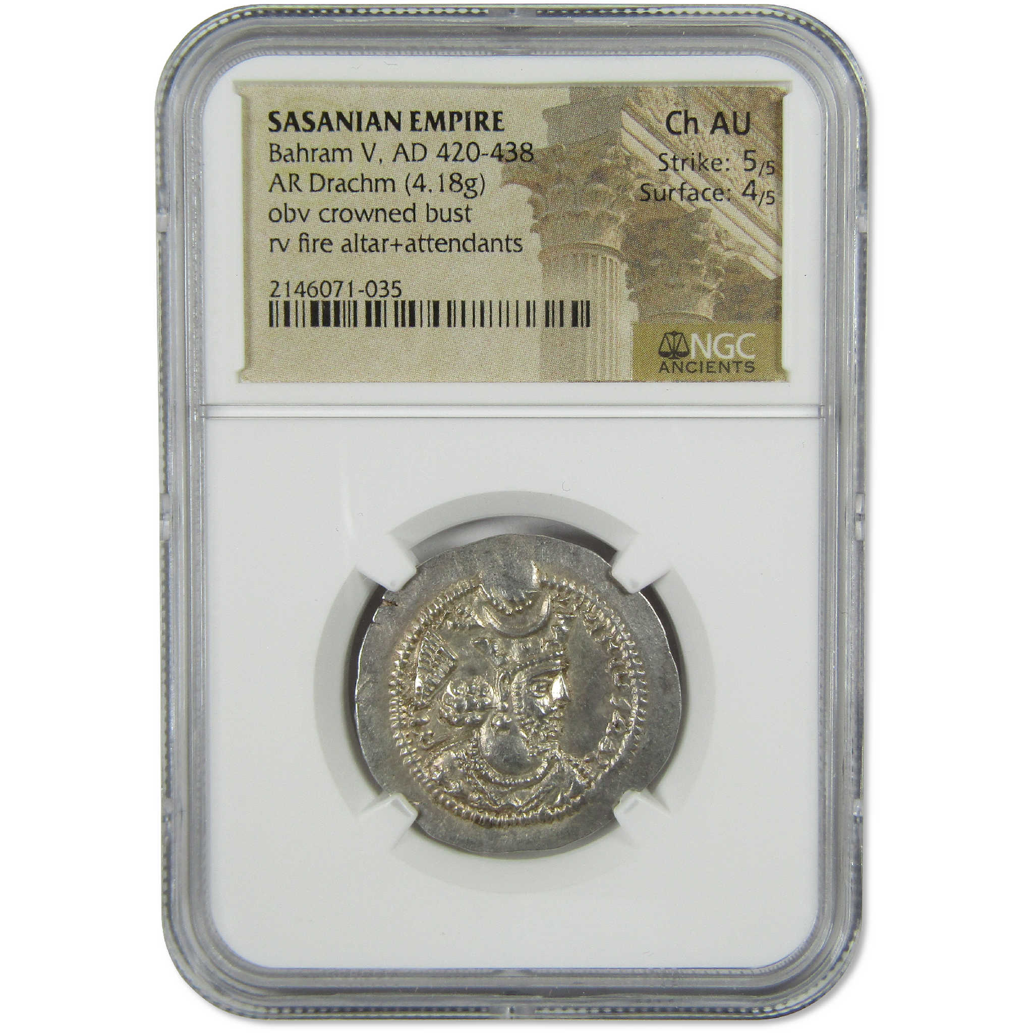 420-438 AD Bahram V Sasanian Empire Silver Drachm CH AU NGC Ancient