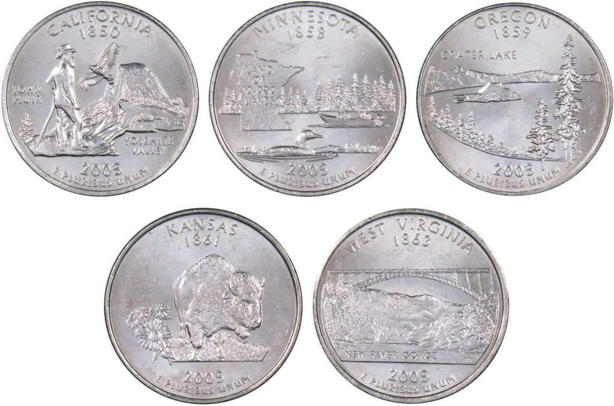 2005 P State Quarter 5 Coin Set Clad Uncirculated Mint State