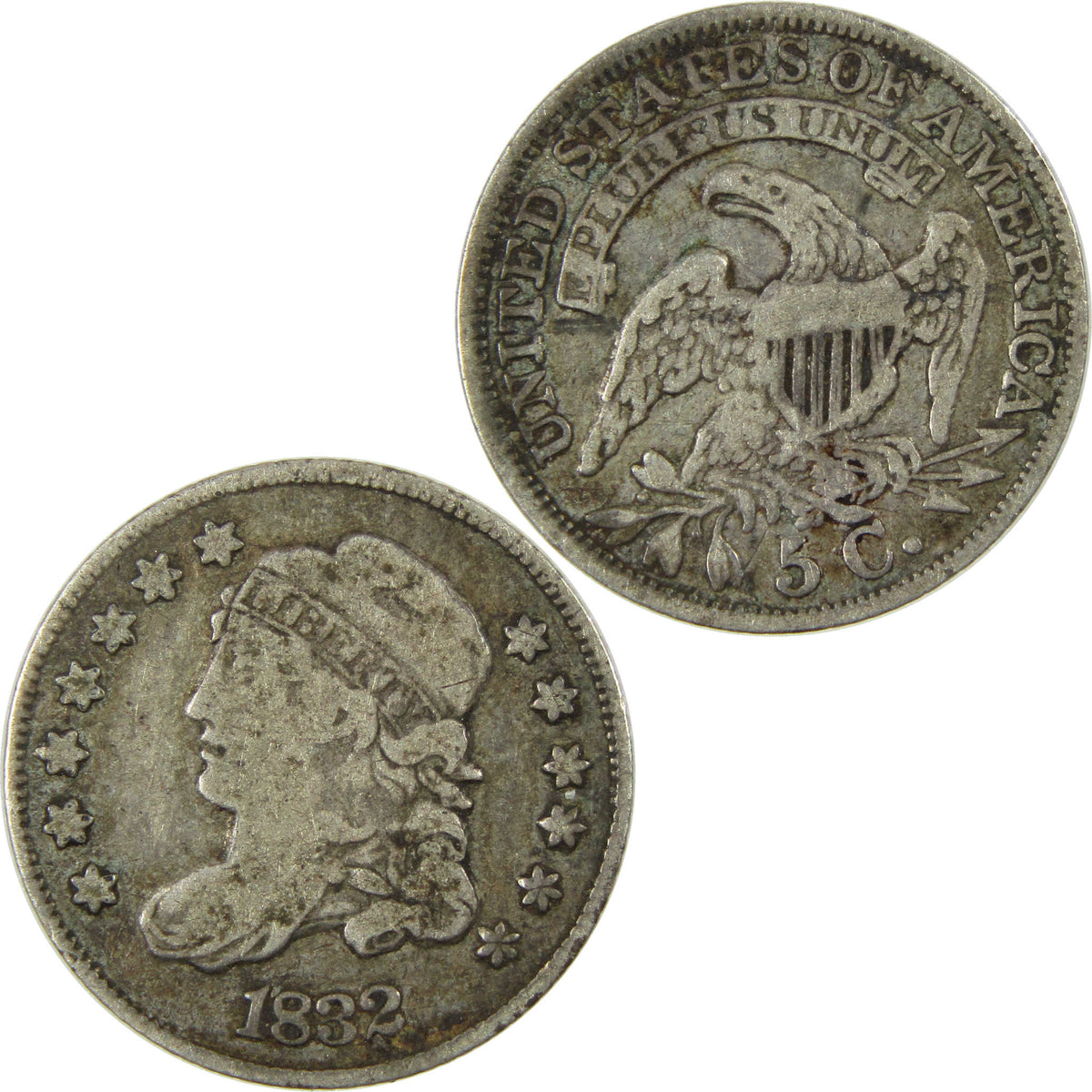 1832 Capped Bust Silver Half Dime F Fine 5c Coin Collectible