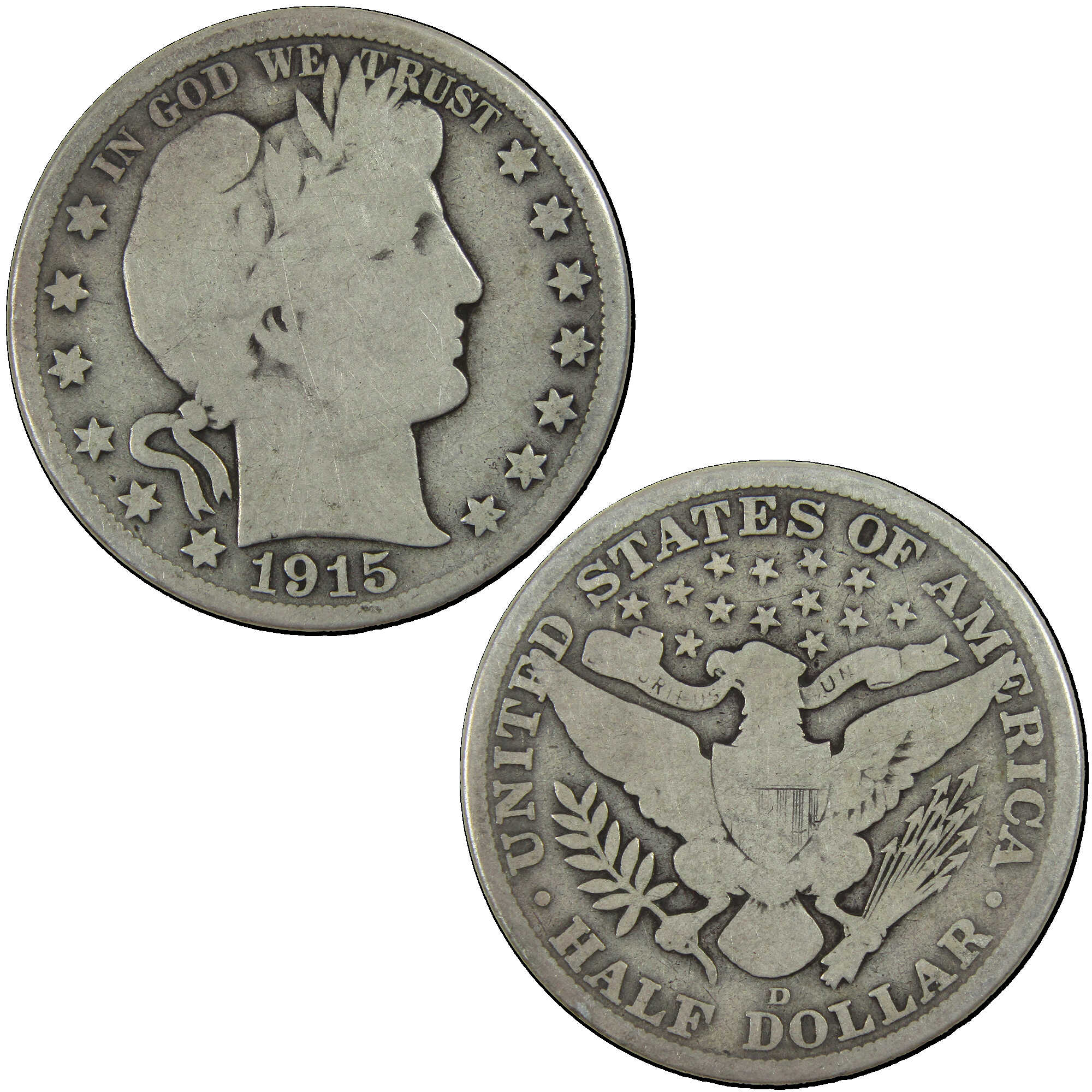 1915 D Barber Half Dollar G Good Silver 50c Coin SKU:I12759