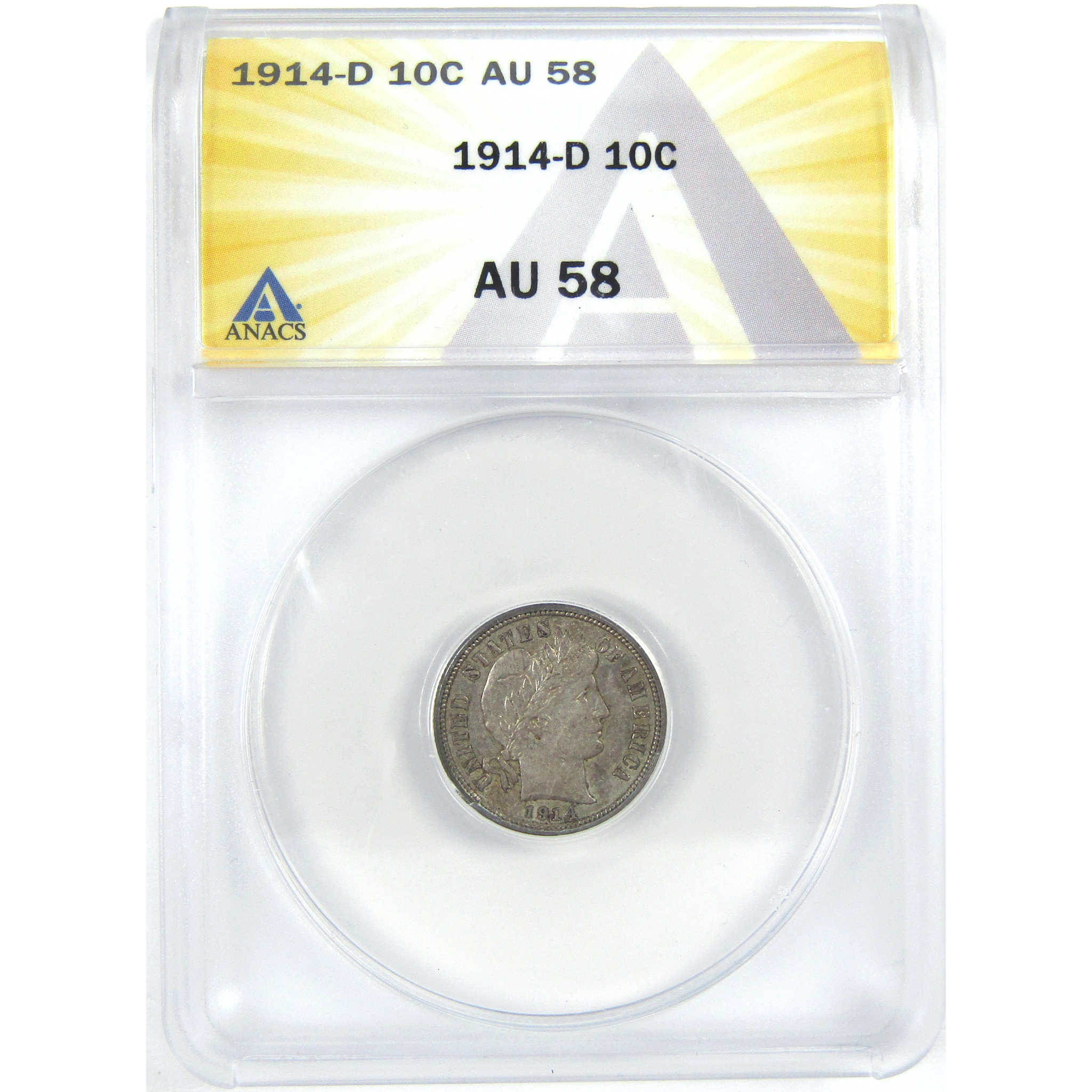 1914 D Barber Dime AU 58 ANACS Silver 10c Coin SKU:I16309