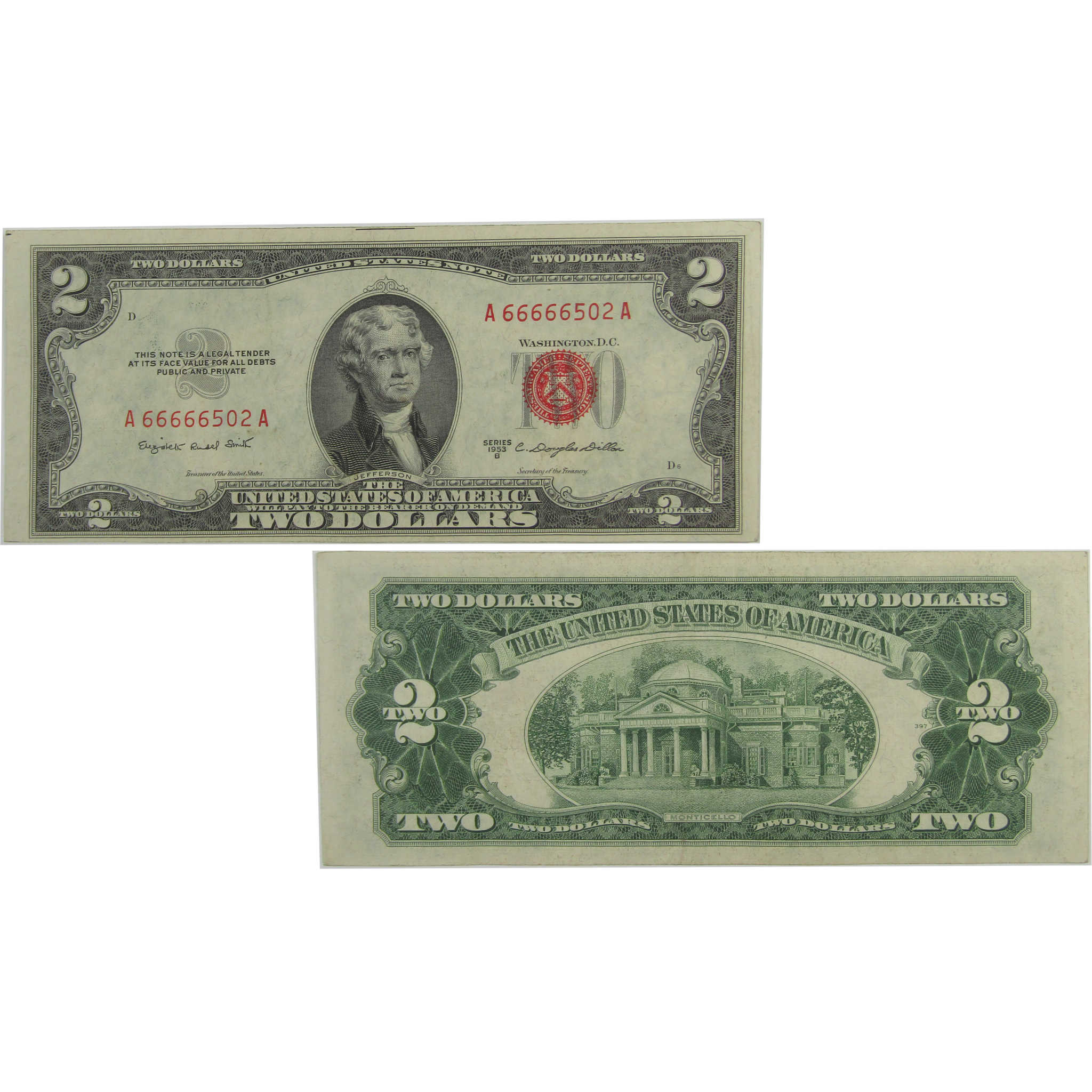 1953 B $2 Legal Tender Note Very Fine Serial Block Starts w/ Five 6's