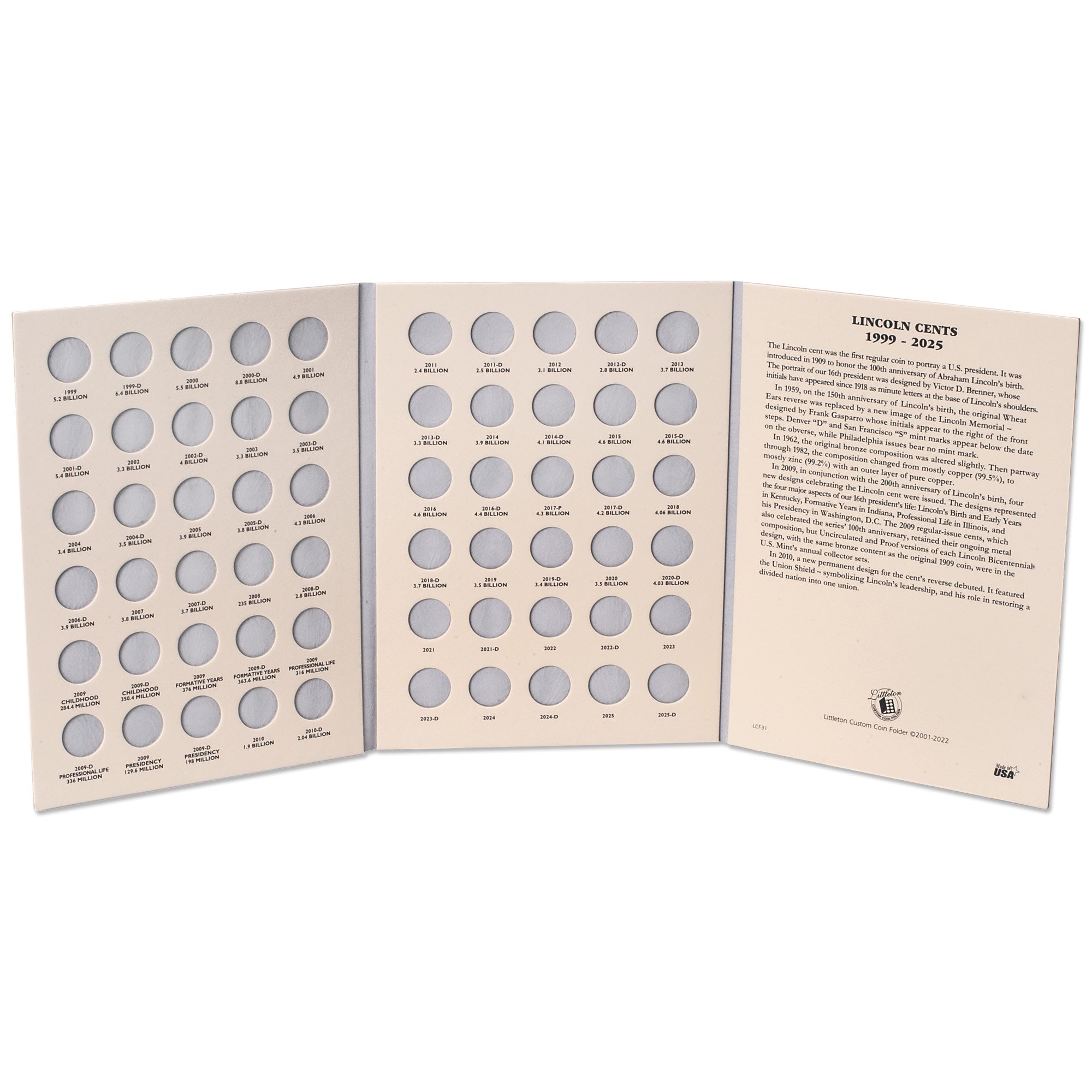 1999-2025 Lincoln Cent Folder with Anniversary Spaces Littleton Coin