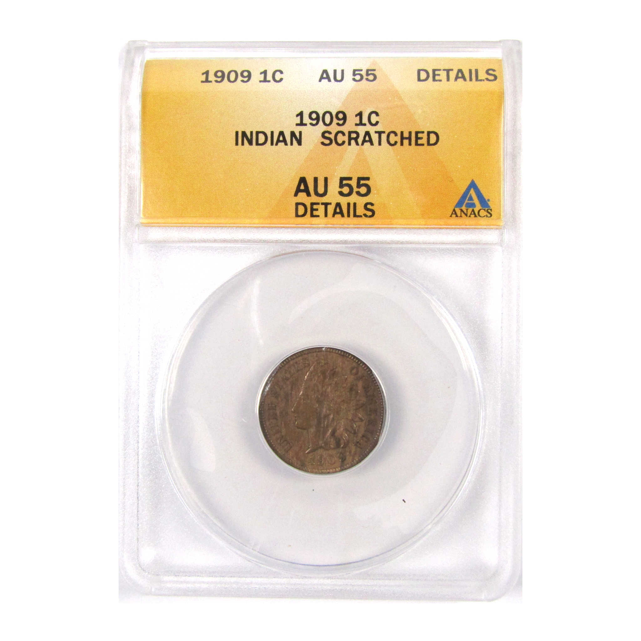 1909 Indian Head Cent AU 55 Details ANACS Penny 1c Coin SKU:I14950