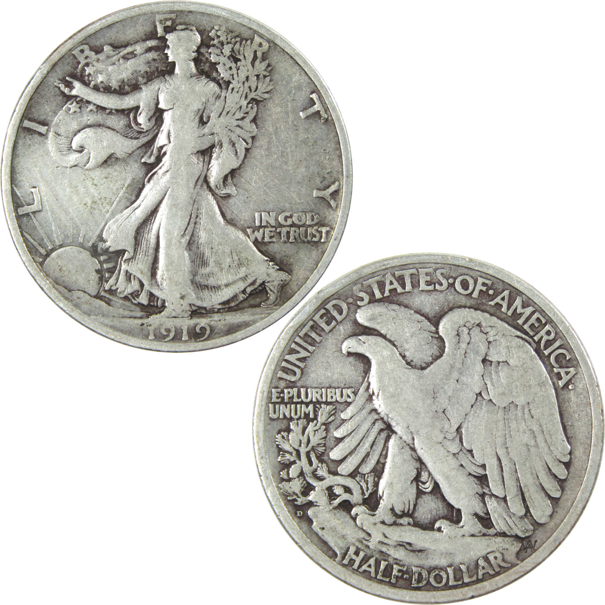 1919 D Liberty Walking Half Dollar F Fine Details Silver SKU:I13710