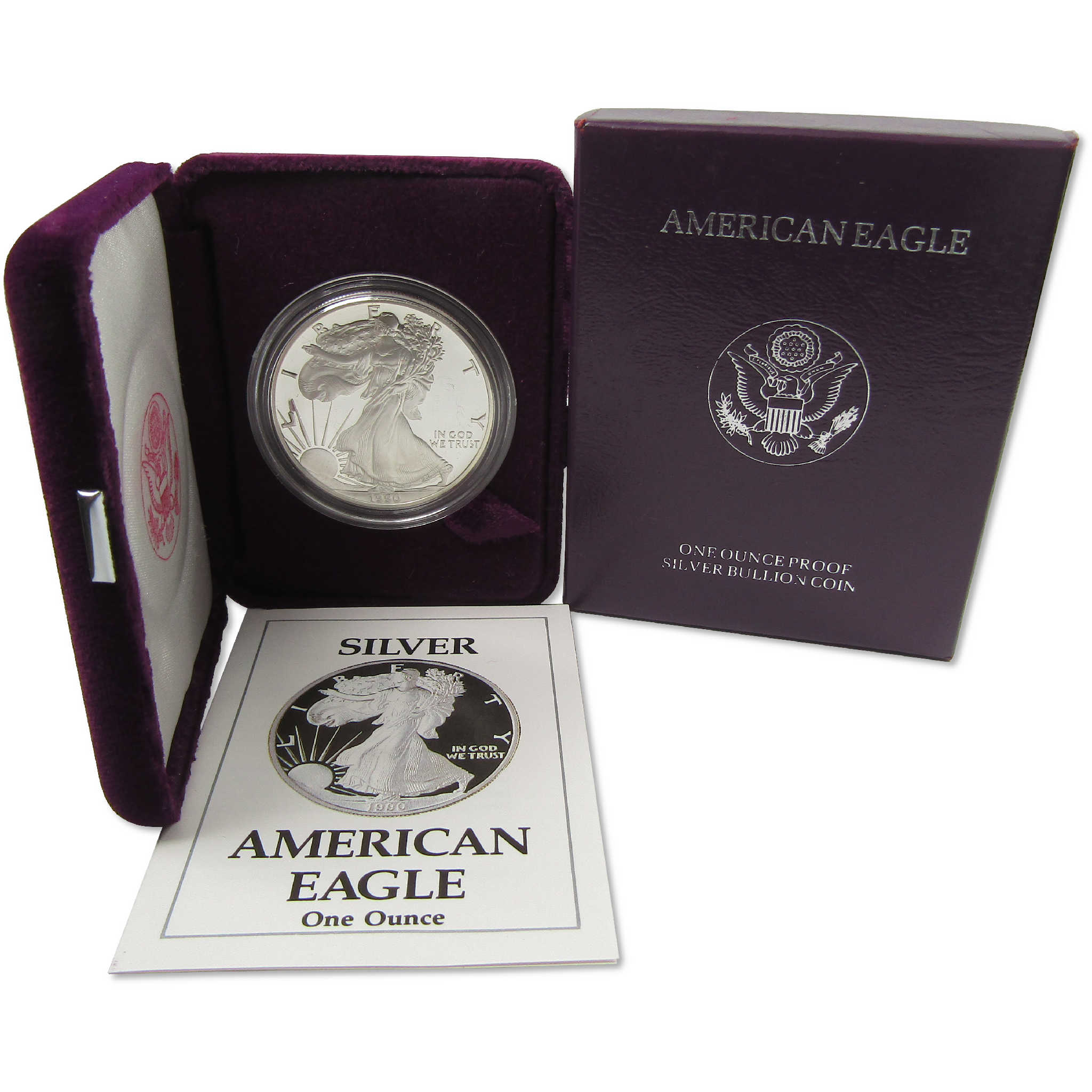 1990 S American Silver Eagle Choice Proof Bullion $1 Coin OGP COA