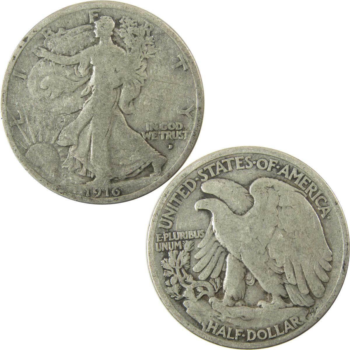 1916 D Liberty Walking Silver 50c VG Very Good Details SKU:I29020