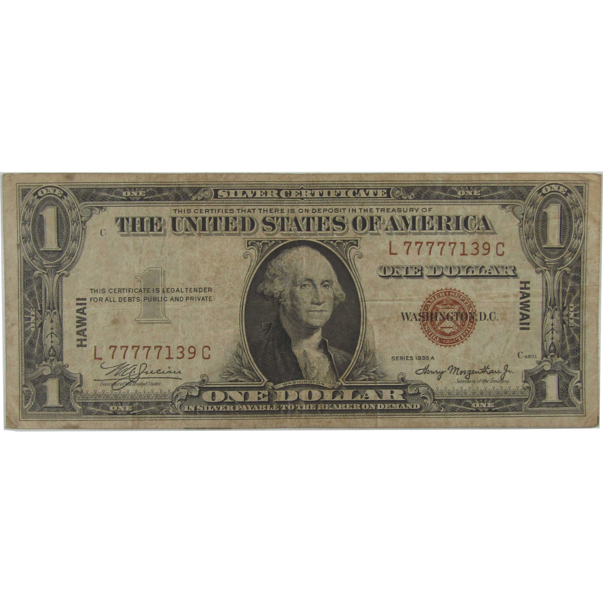 1935 A $1 Silver Certificate Hawaii WWII F Fine Serial Block Five 7's