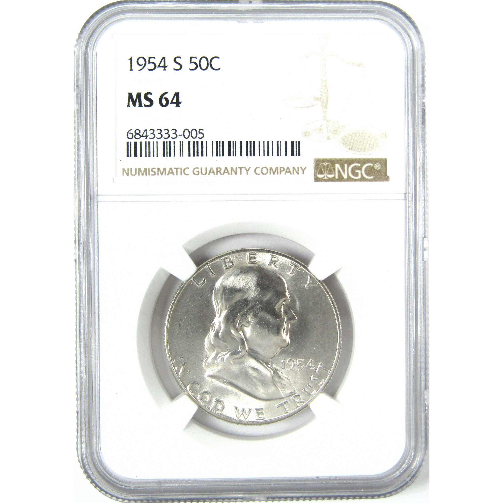 1954 S Franklin Half Dollar MS 64 NGC Silver 50c Unc Coin SKU:I15217