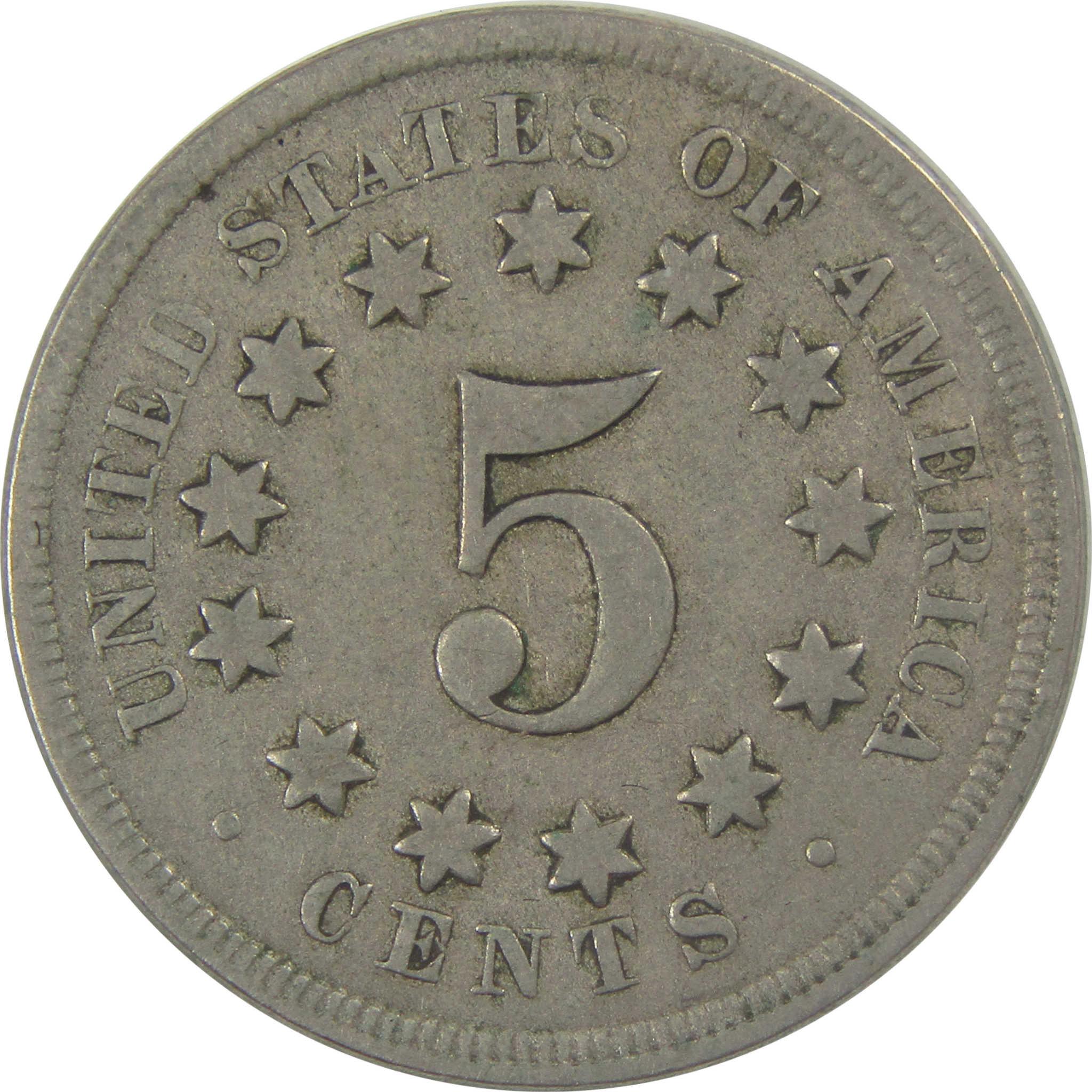 1867 No Rays Shield Nickel F Fine 5c Coin Cud Mint Error SKU:I24680