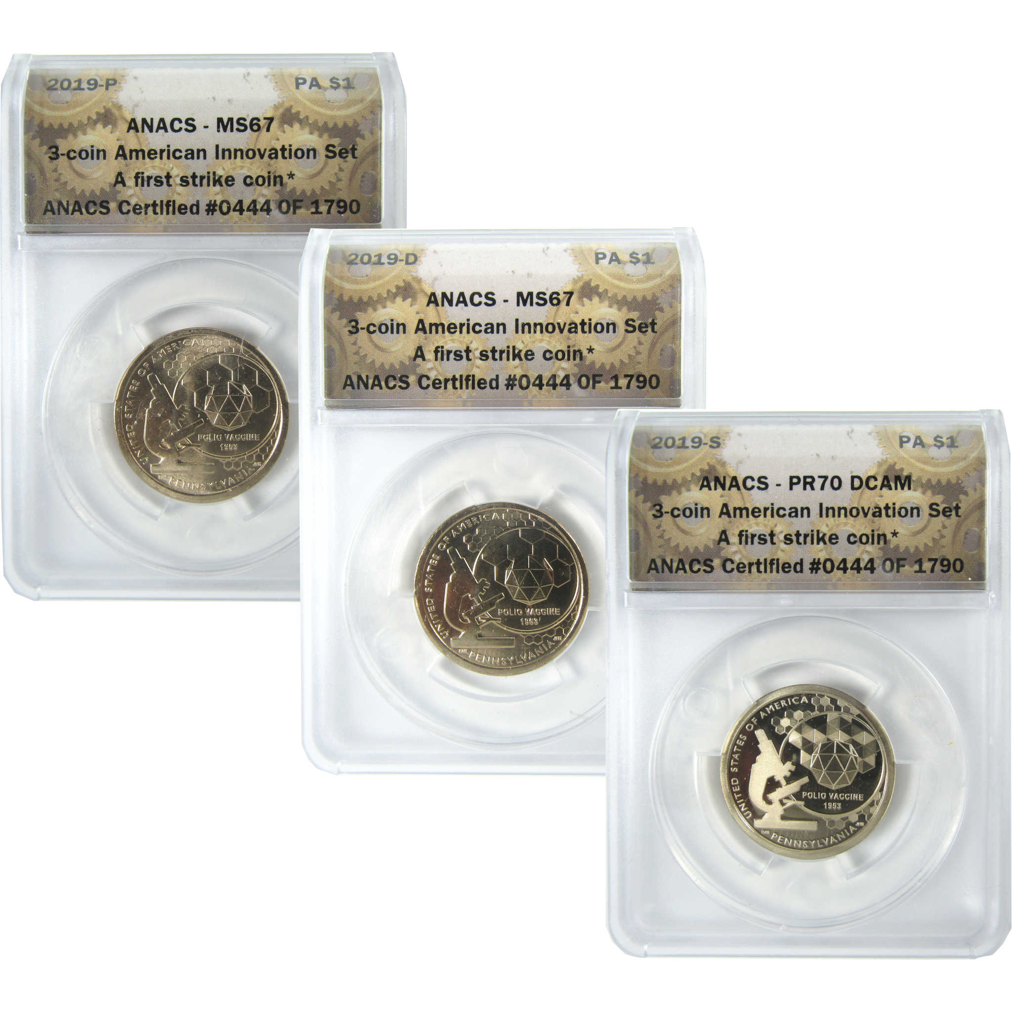 2019 PDS Polio Vaccine Innovation Dollar 3 Coin Set ANACS SKU:CPC9369