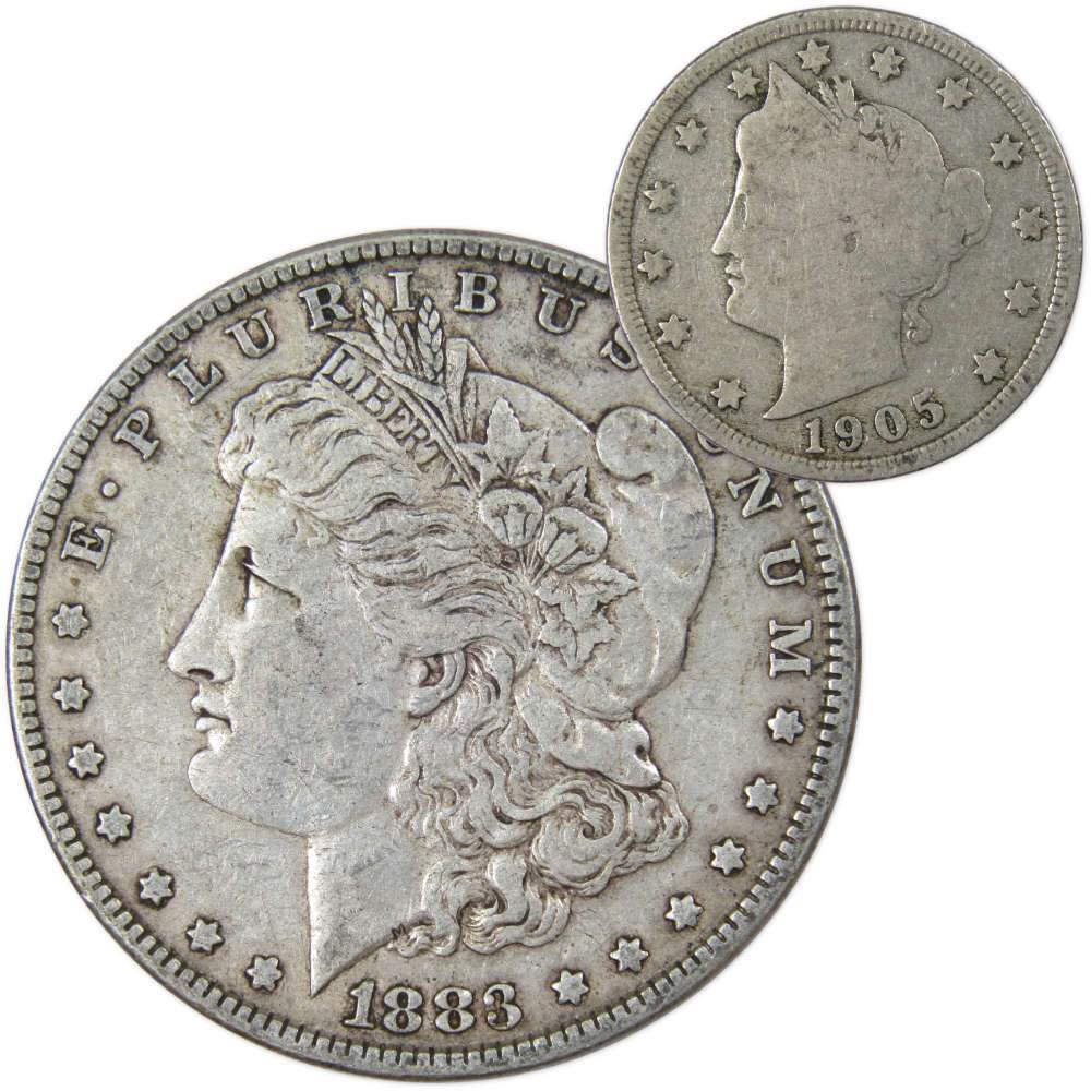 1883 Morgan Silver Dollar VF Very Fine with 1905 Liberty Nickel Good - Morgan coin - Morgan silver dollar - Morgan silver dollar for sale - Profile Coins &amp; Collectibles