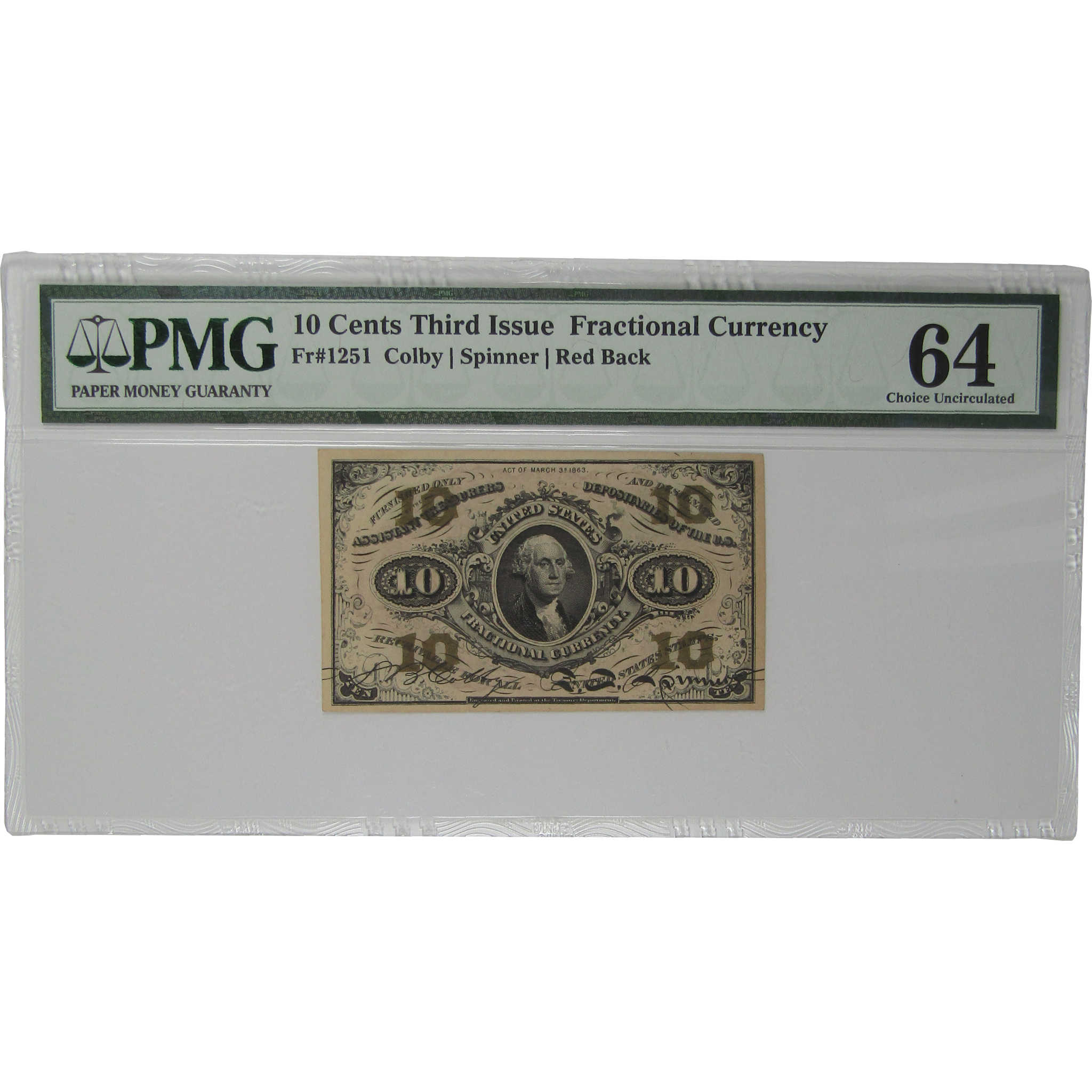 10c Fractional Note Third Issue Fr 1251 Choice Uncirculated 64 PMG
