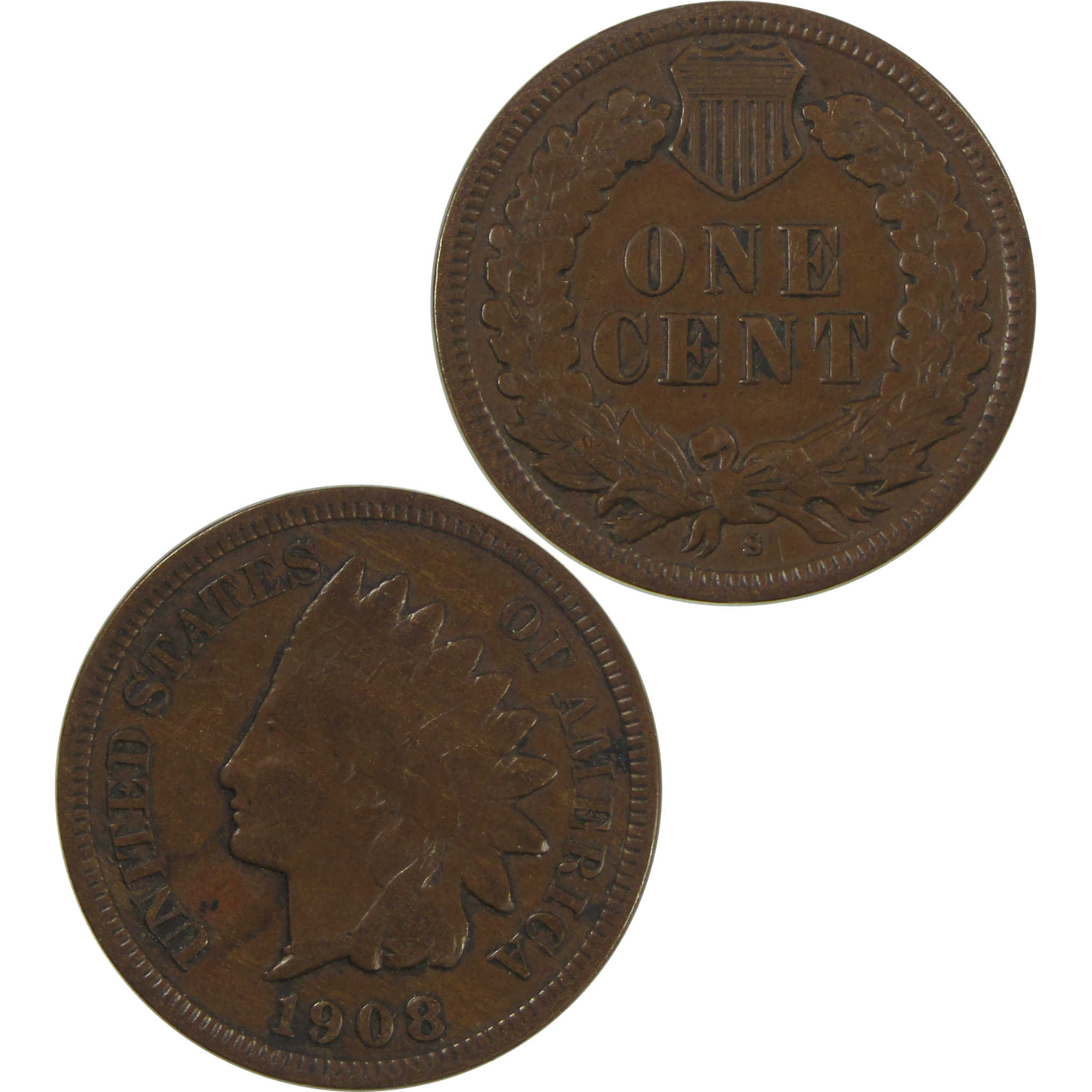 1908 S Indian Head Cent VF Very Fine Penny 1c Coin SKU:CPC0750