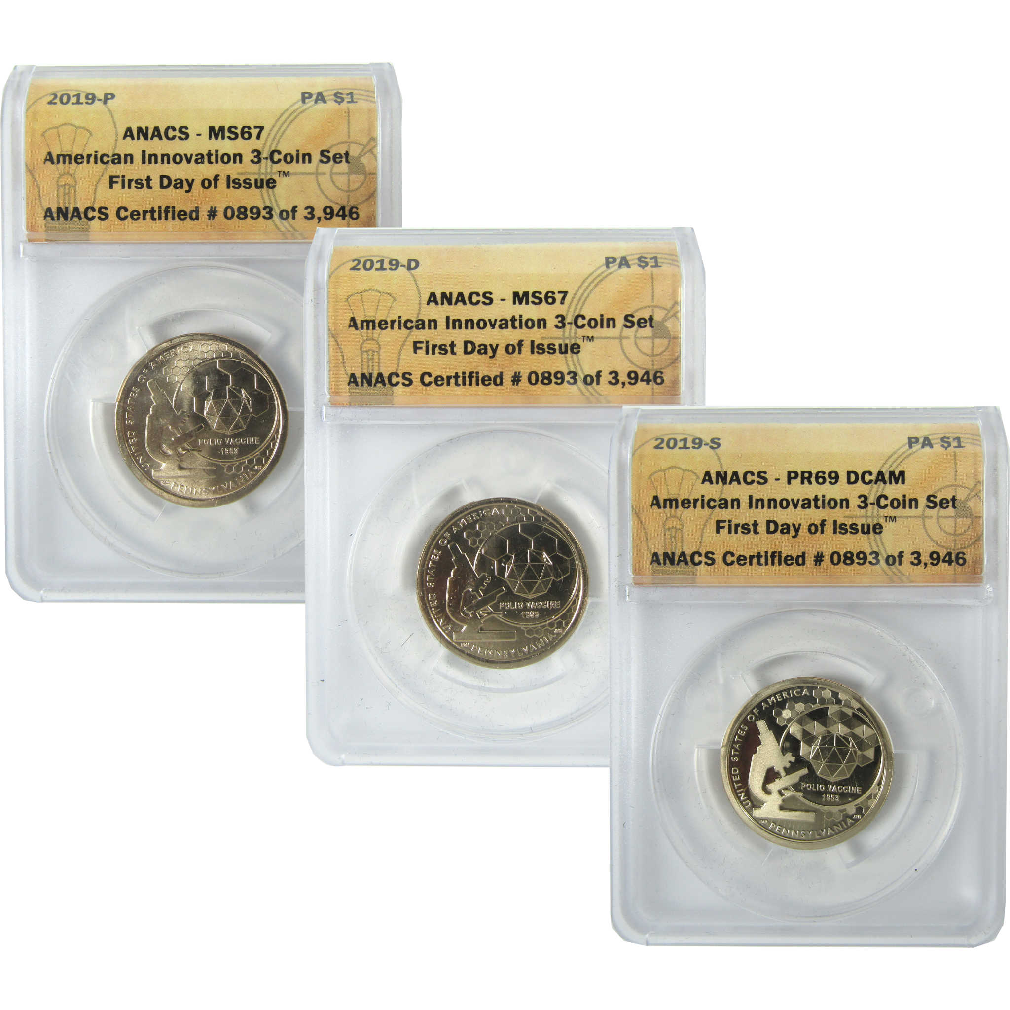 2019 PDS Polio Vaccine Innovation Dollar 3 Coin Set ANACS SKU:CPC9367