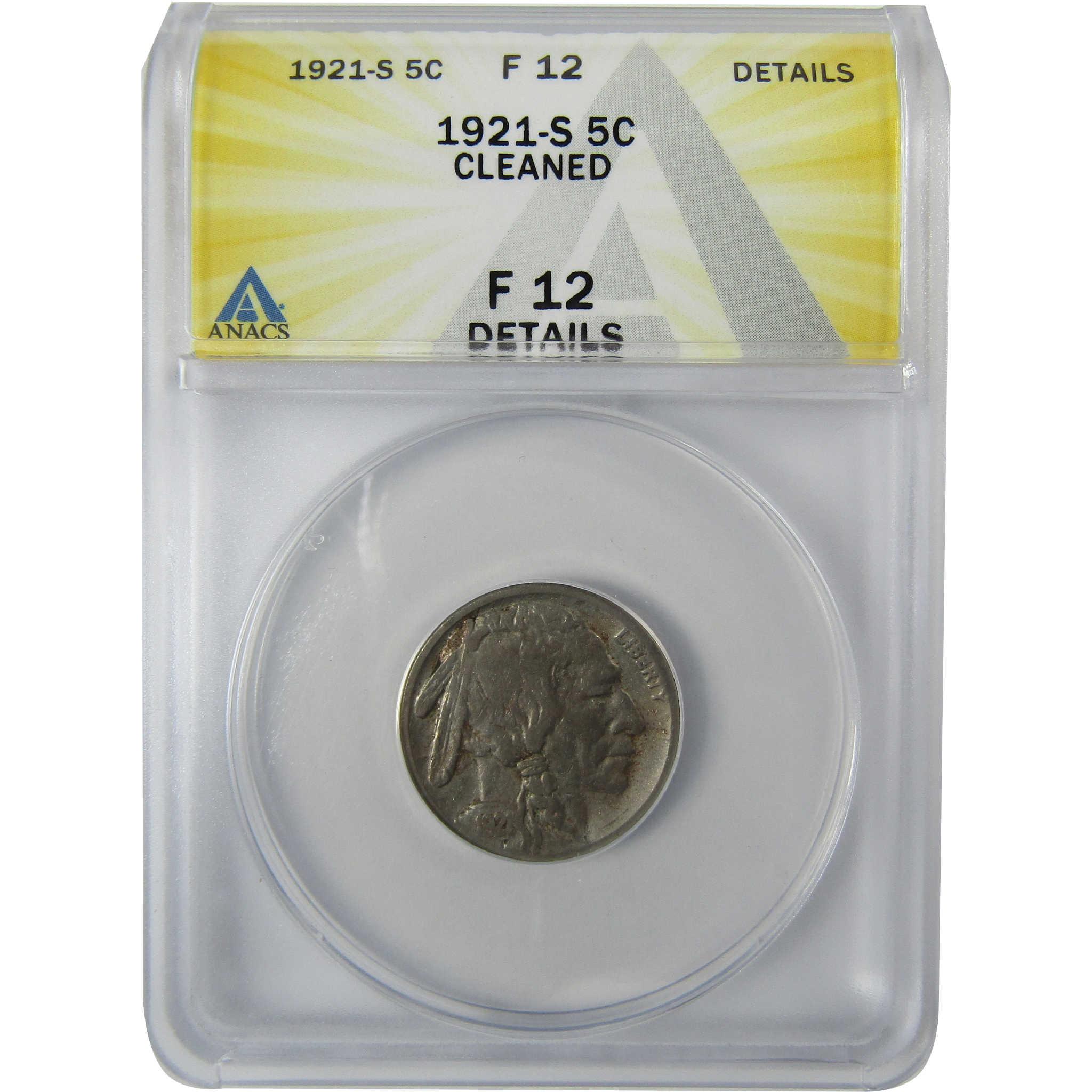 1921 S Indian Head Buffalo Nickel F 12 Details ANACS 5c Coin SKU:CP778