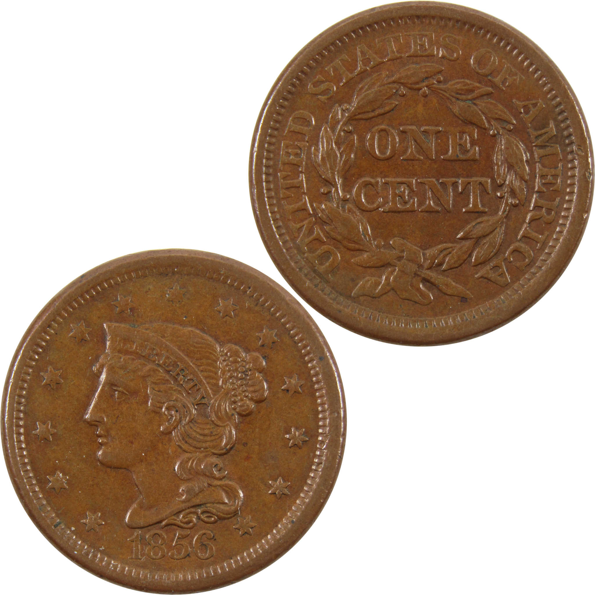 1856 Slanting 5 Braided Hair Large Cent AU Copper Penny 1c SKU:I10955