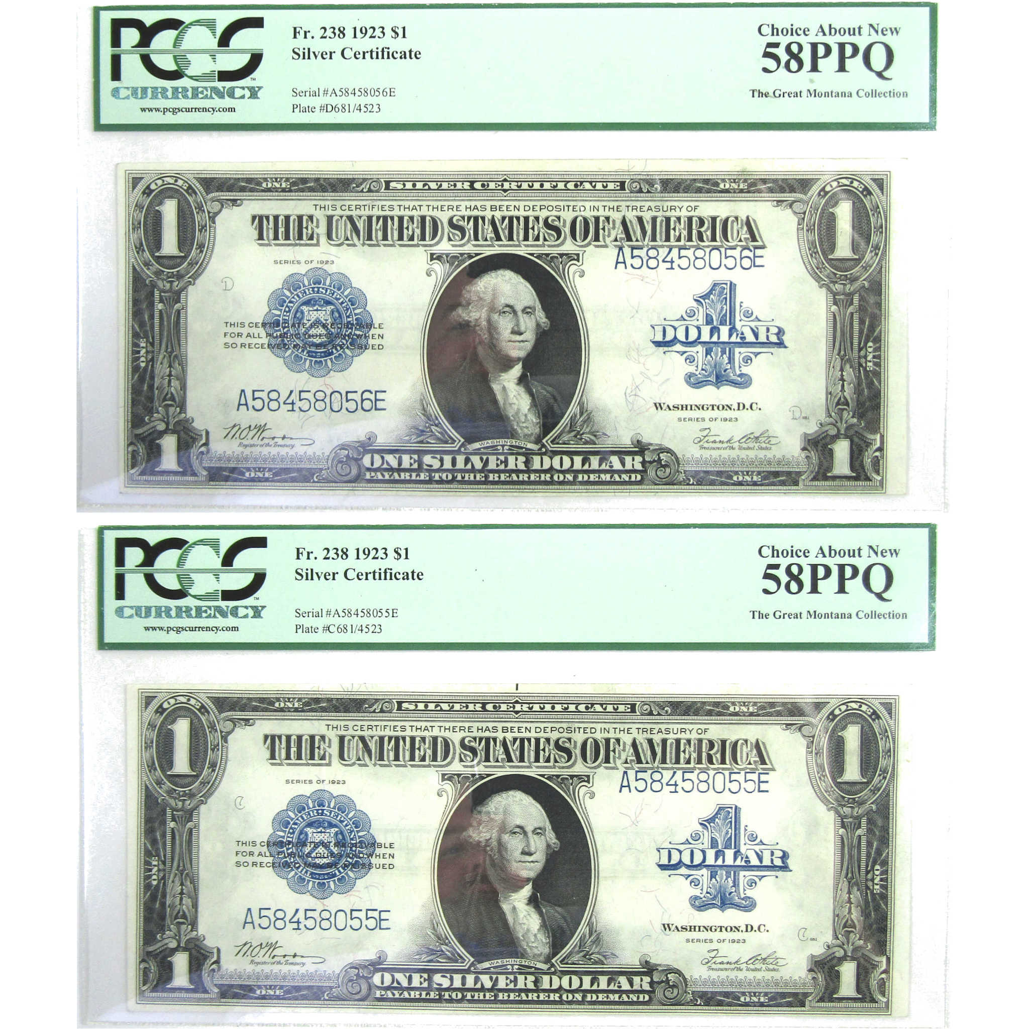 1923 $1 Silver Certificate 2 Piece Consecutive Serial Set 58 PPQ PCGS