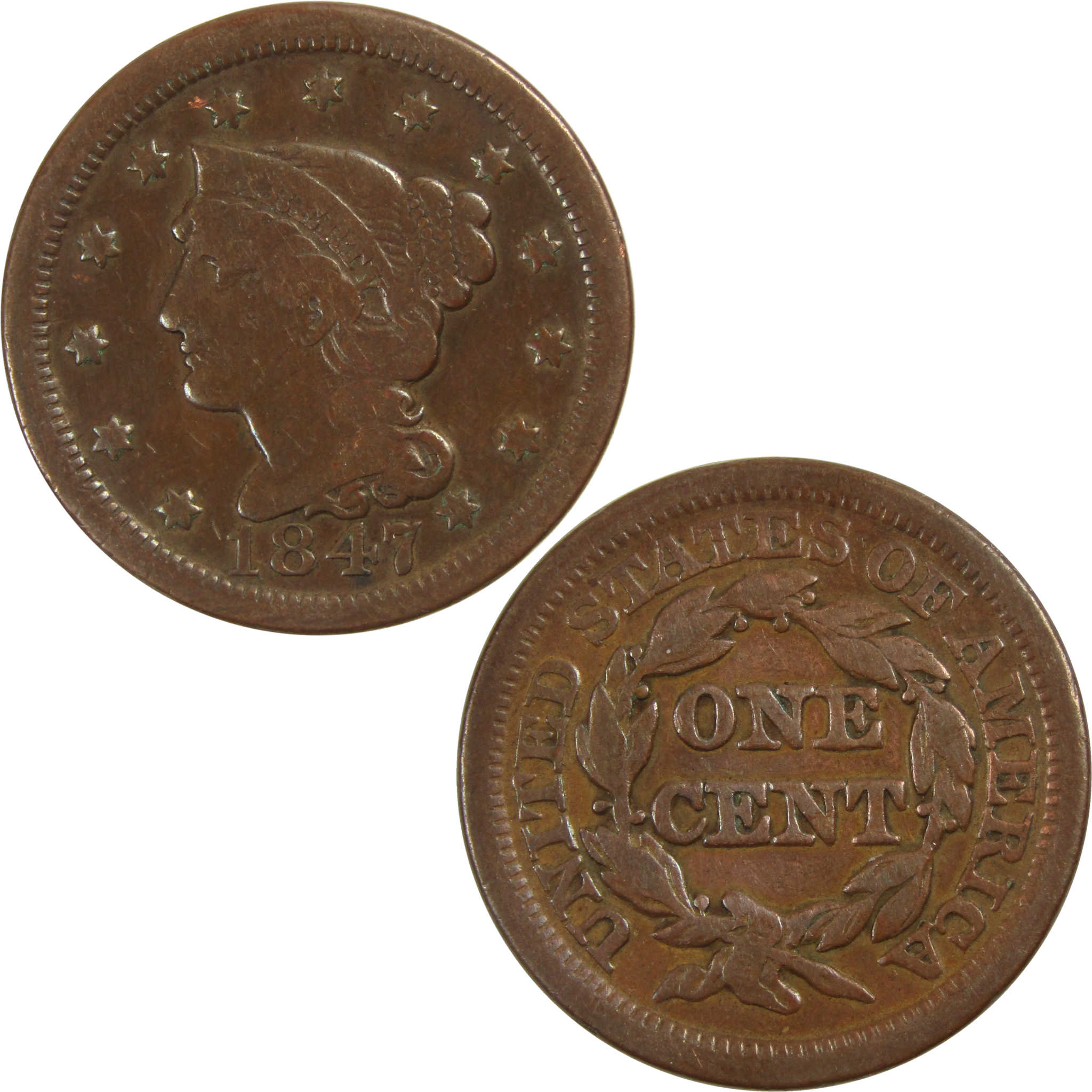 1847 Braided Hair Large Cent F Fine Copper Penny 1c Coin SKU I8115