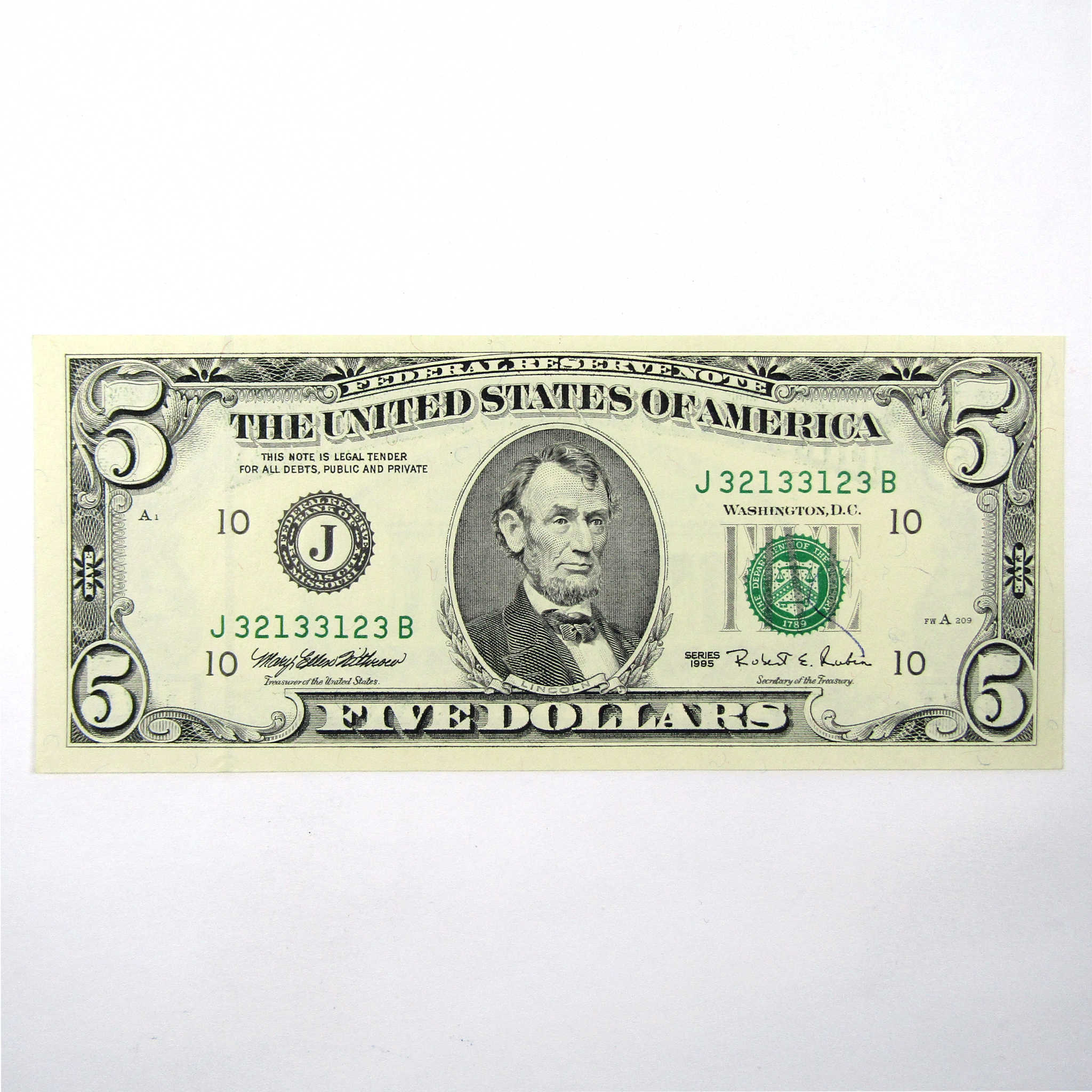 1995 $5 Federal Reserve Note Kansas City MO Radar Note SKU:I14115
