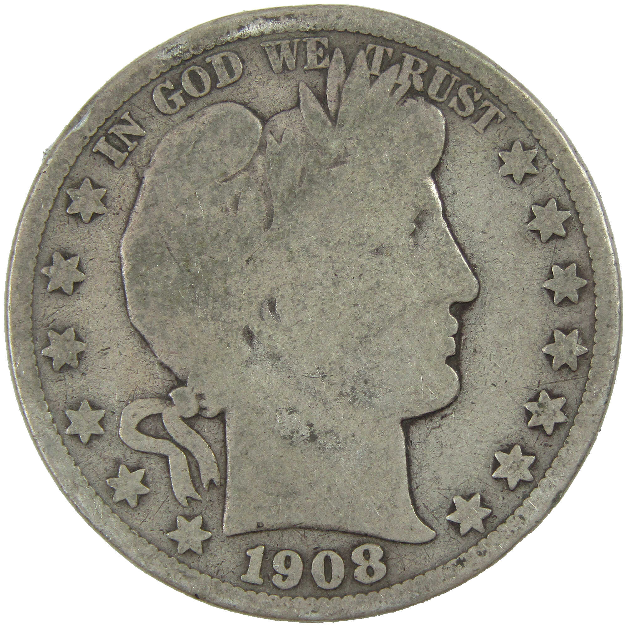 1908 D Barber Half Dollar G Good Silver 50c Coin SKU:I12753