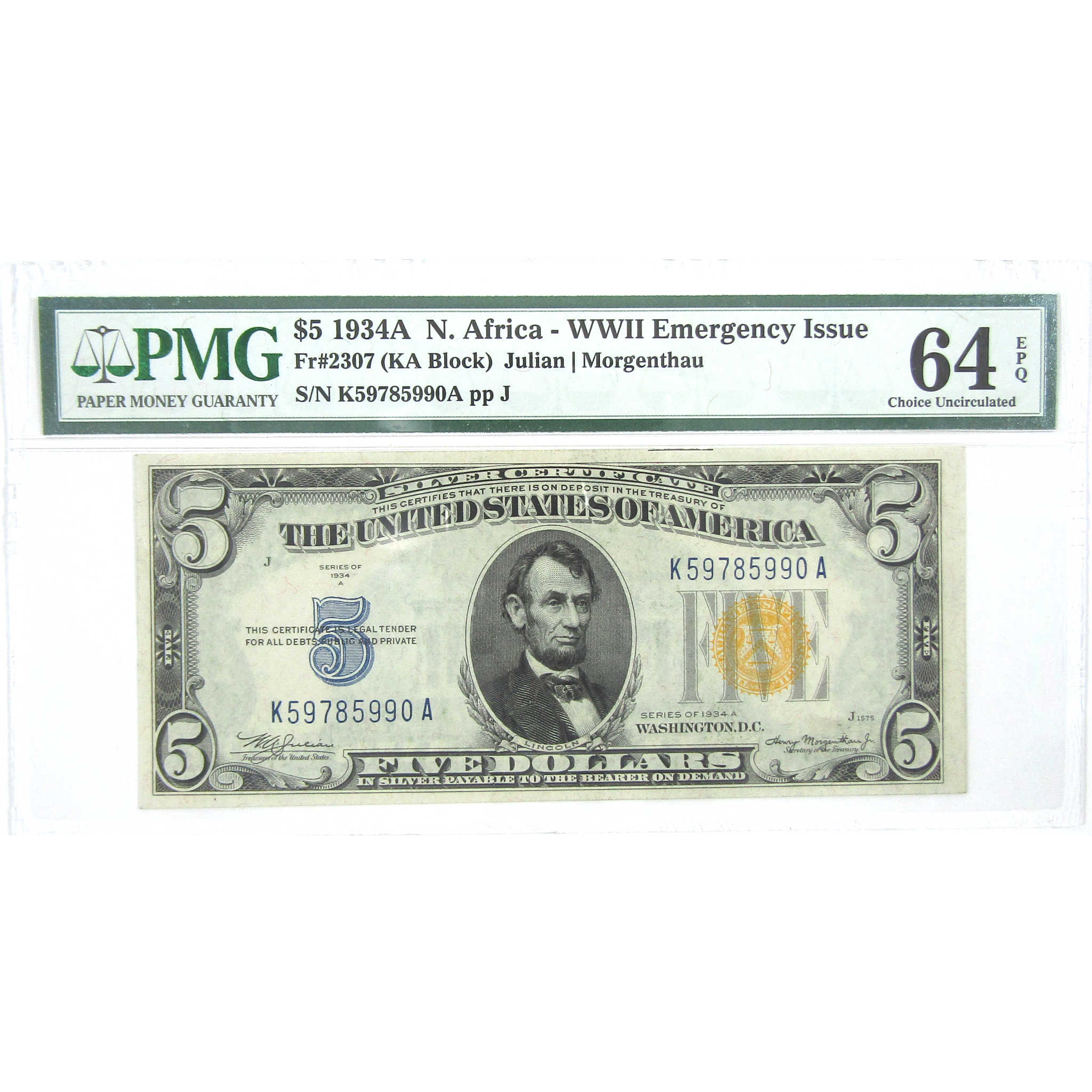 1934A $5 Silver Certificate North Africa WWII FR2307 64 EPQ PMG