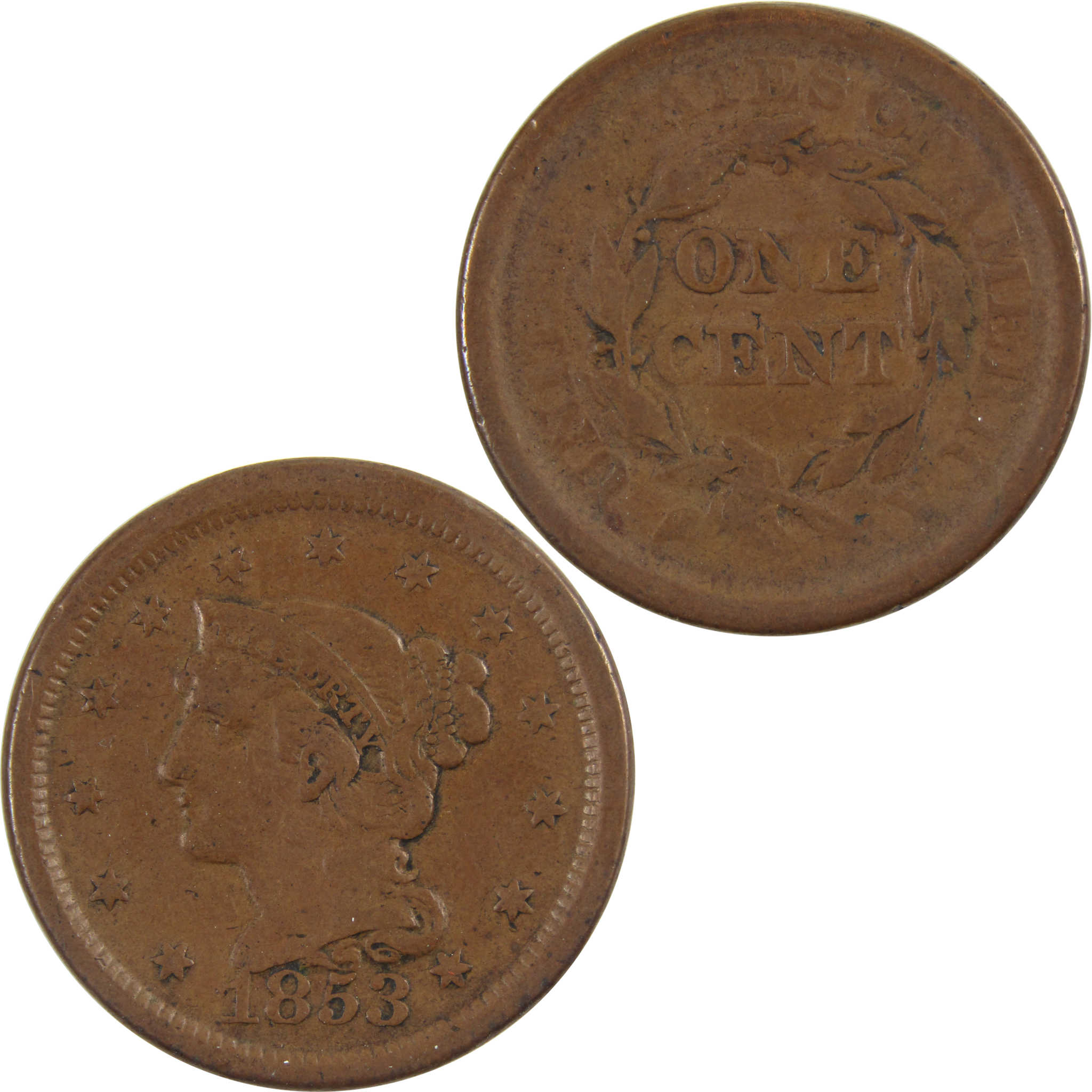 1853 Braided Hair Large Cent F Fine Copper Penny 1c Coin SKU:I8205