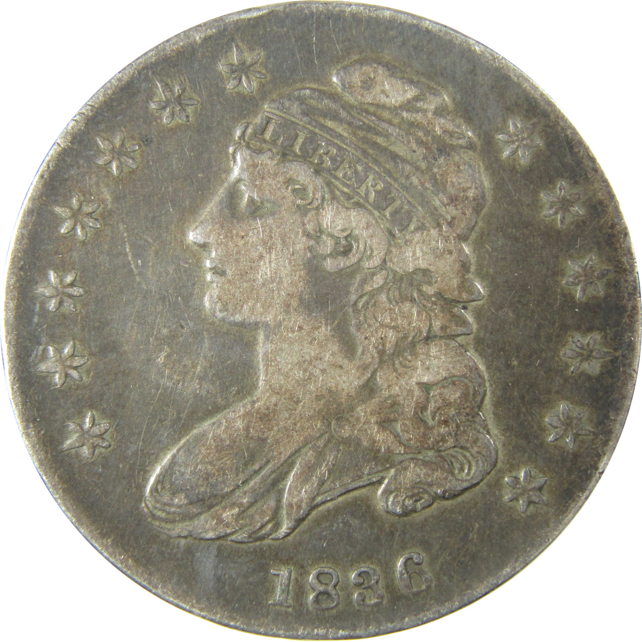 1836 Lettered Edge Capped Bust Silver Half Dollar F Fine SKU:CP1492