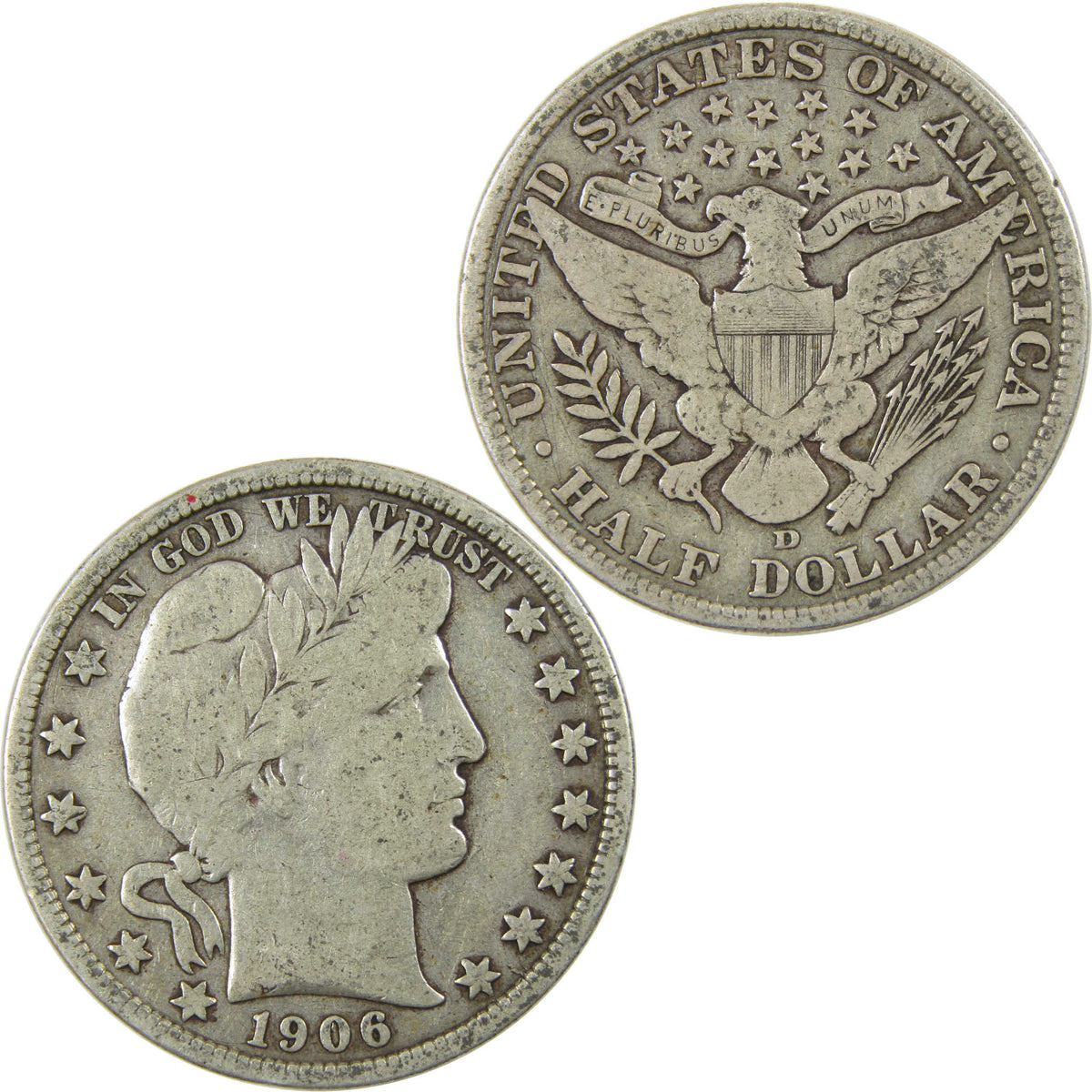 1906 D Barber Silver Half Dollar AF About Fine 50c Coin Collectible