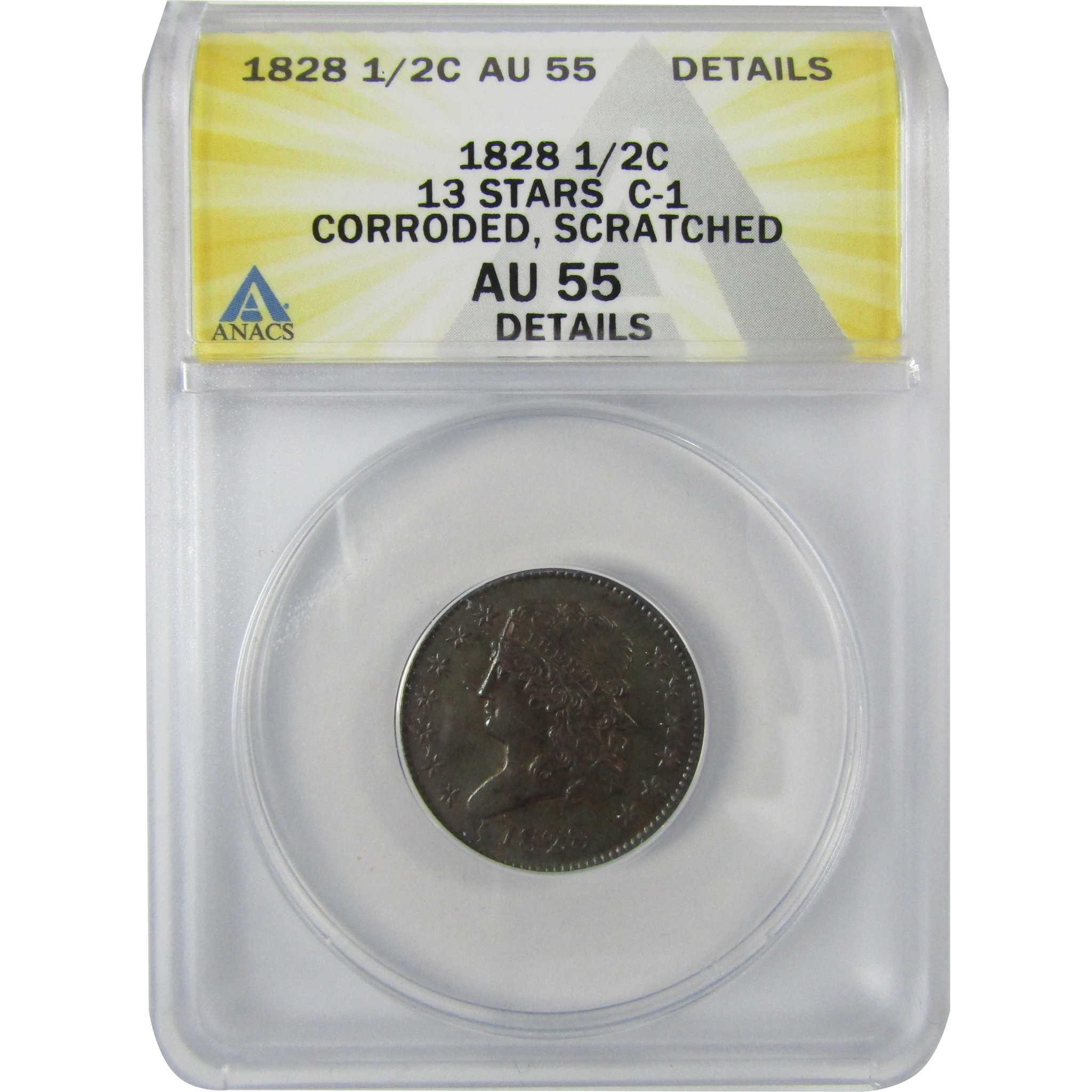 1828 13 Stars C-1 Classic Head Half Cent AU 55 Details ANACS SKU:CP634