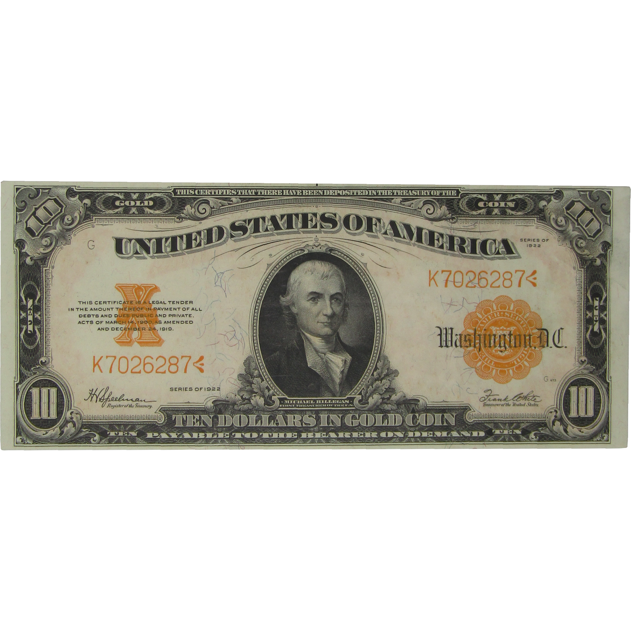 1922 $10 Gold Certificate Fr 1173 Large Serial # About Unc 55 EPQ PMG