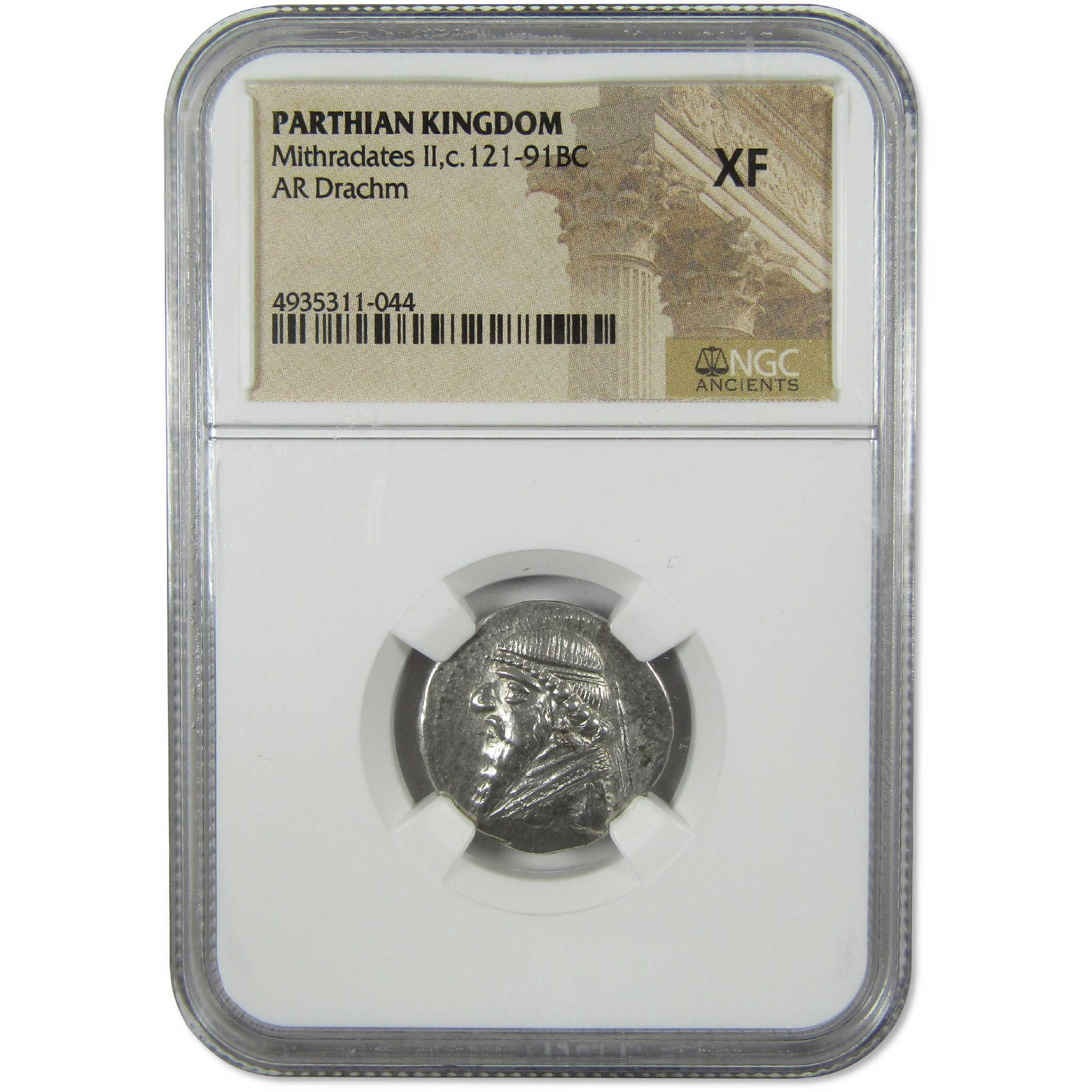 121-91 BC Mithradates II Parthian Kingdom Silver Drachm XF NGC Ancient