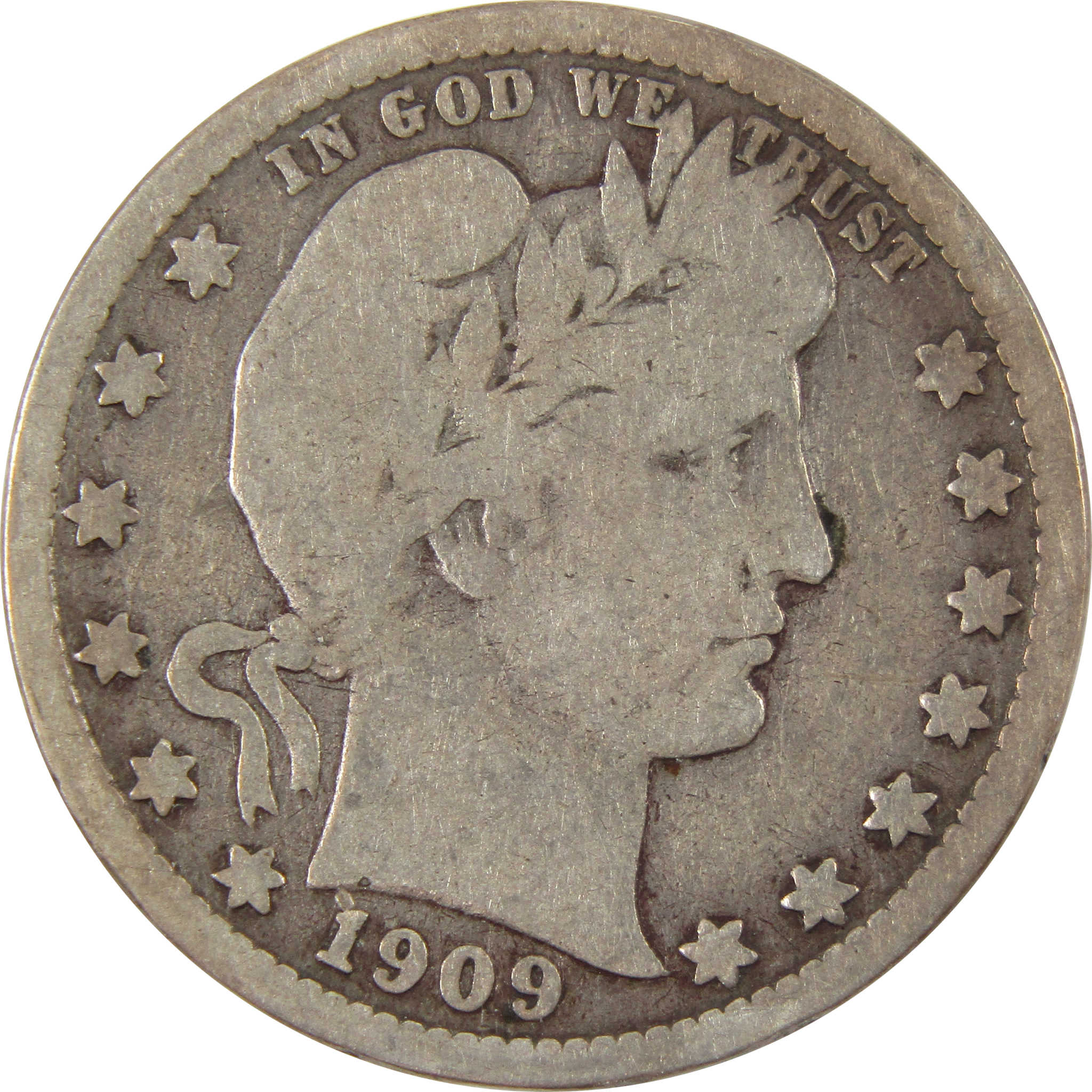 1909 D Barber Quarter VG Very Good 90% Silver 25c Coin SKU:I9928