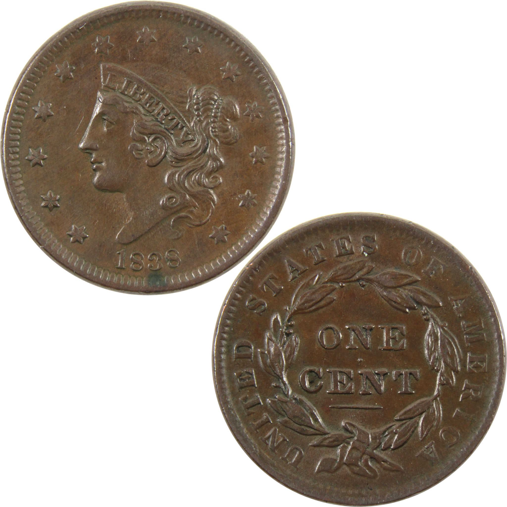 1838 Coronet Head Large Cent AU About Uncirculated Copper SKU:I10965