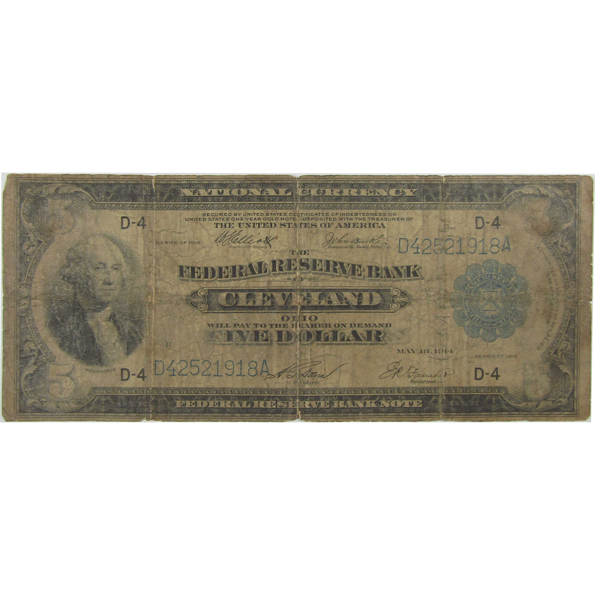 1918 $5 Federal Reserve Bank Note Cleveland OH Good SKU:I23178