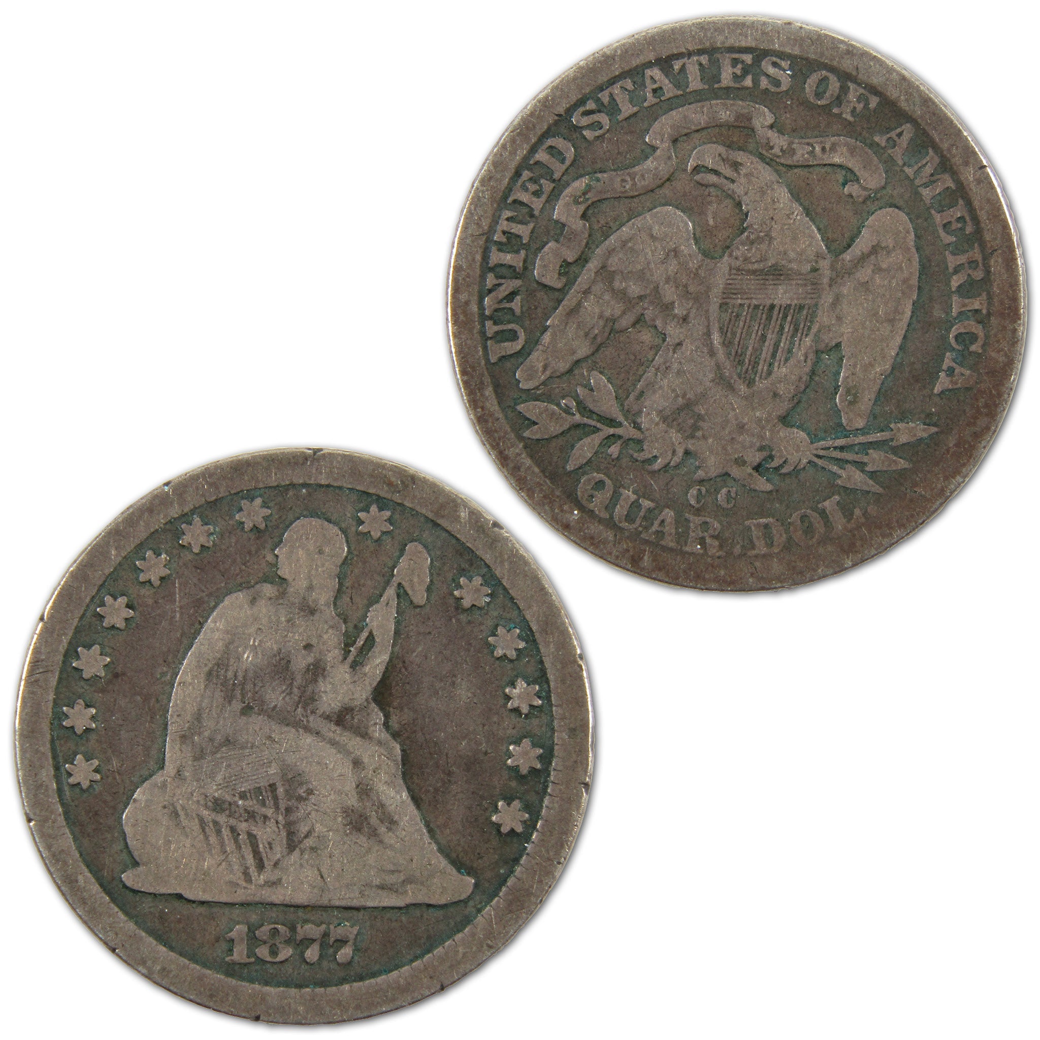 1877 CC Seated Liberty Quarter VG Very Good Silver 25c Coin SKU:I10549