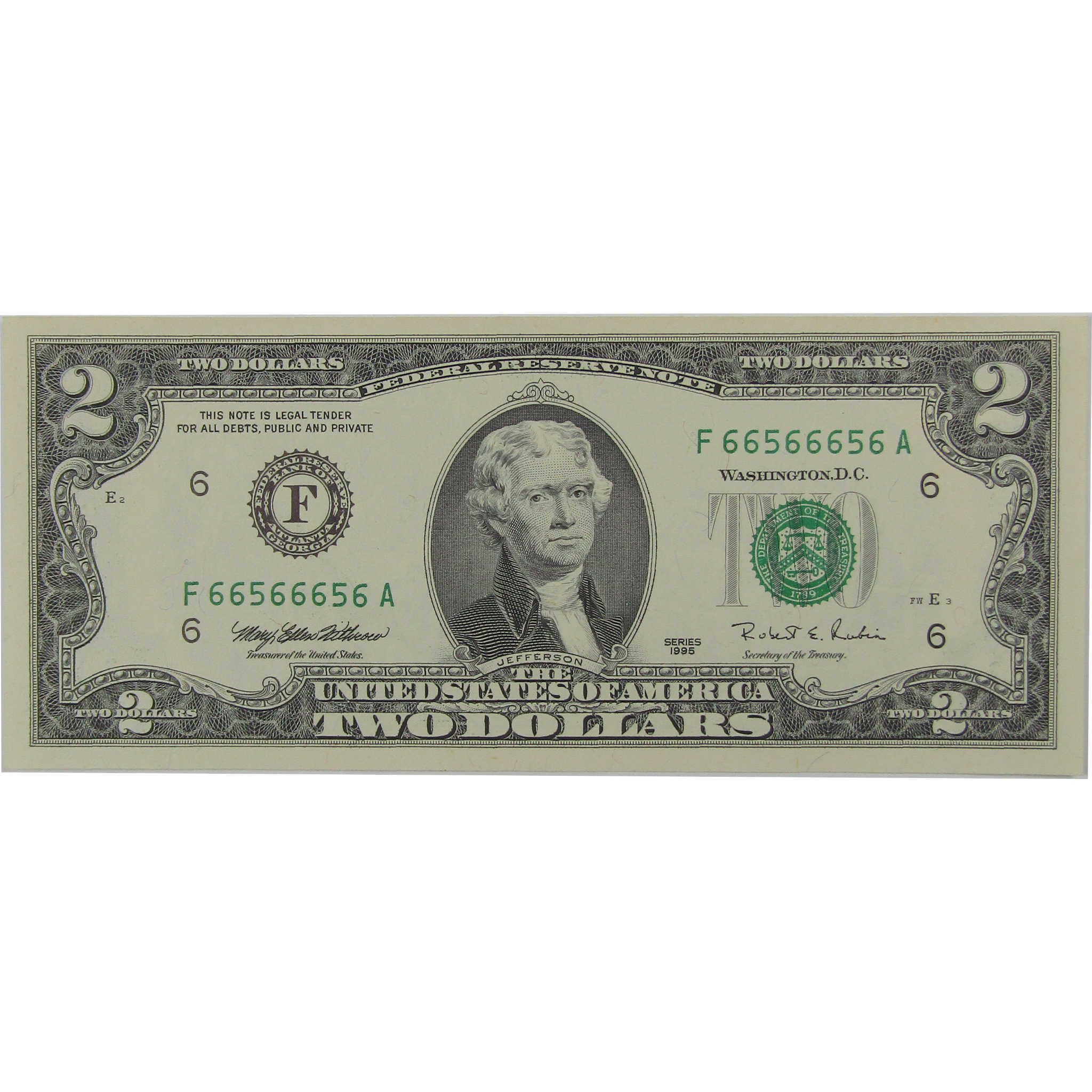 1995 $2 Federal Reserve Binary Repeater Note Choice Crisp Uncirculated