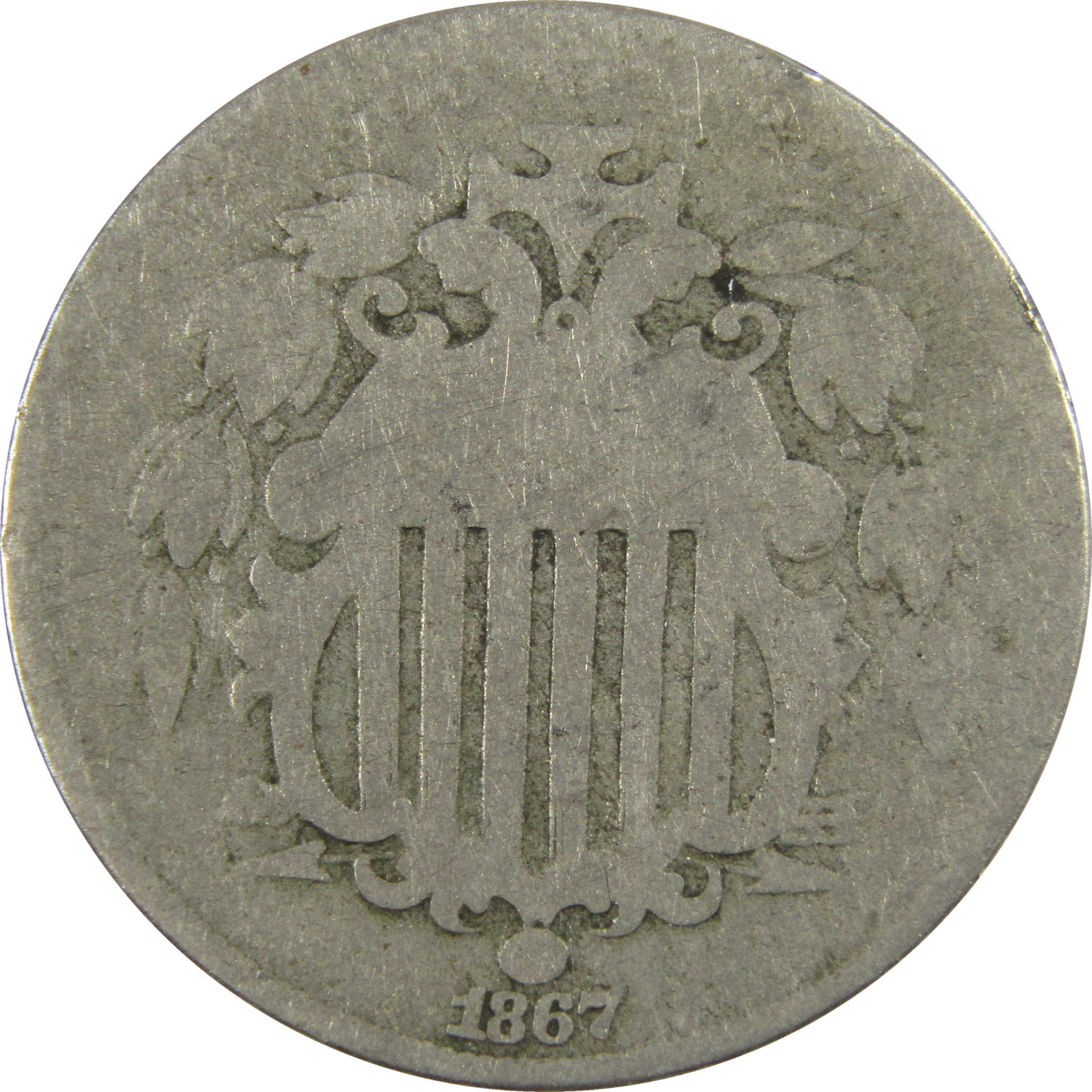 1867 No Rays Shield Nickel AG About Good 5c Coin SKU:I28221