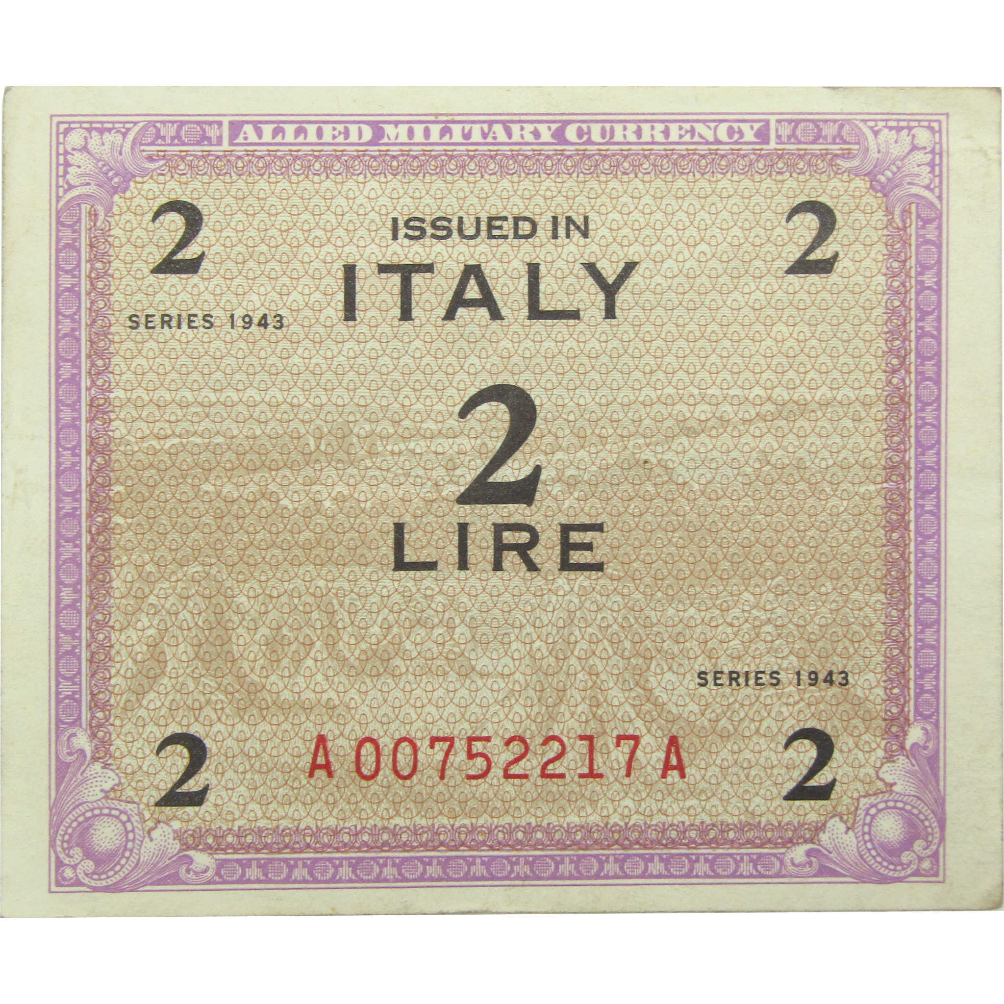 1943-1944 2 Lire Italy Allied Military Currency Note