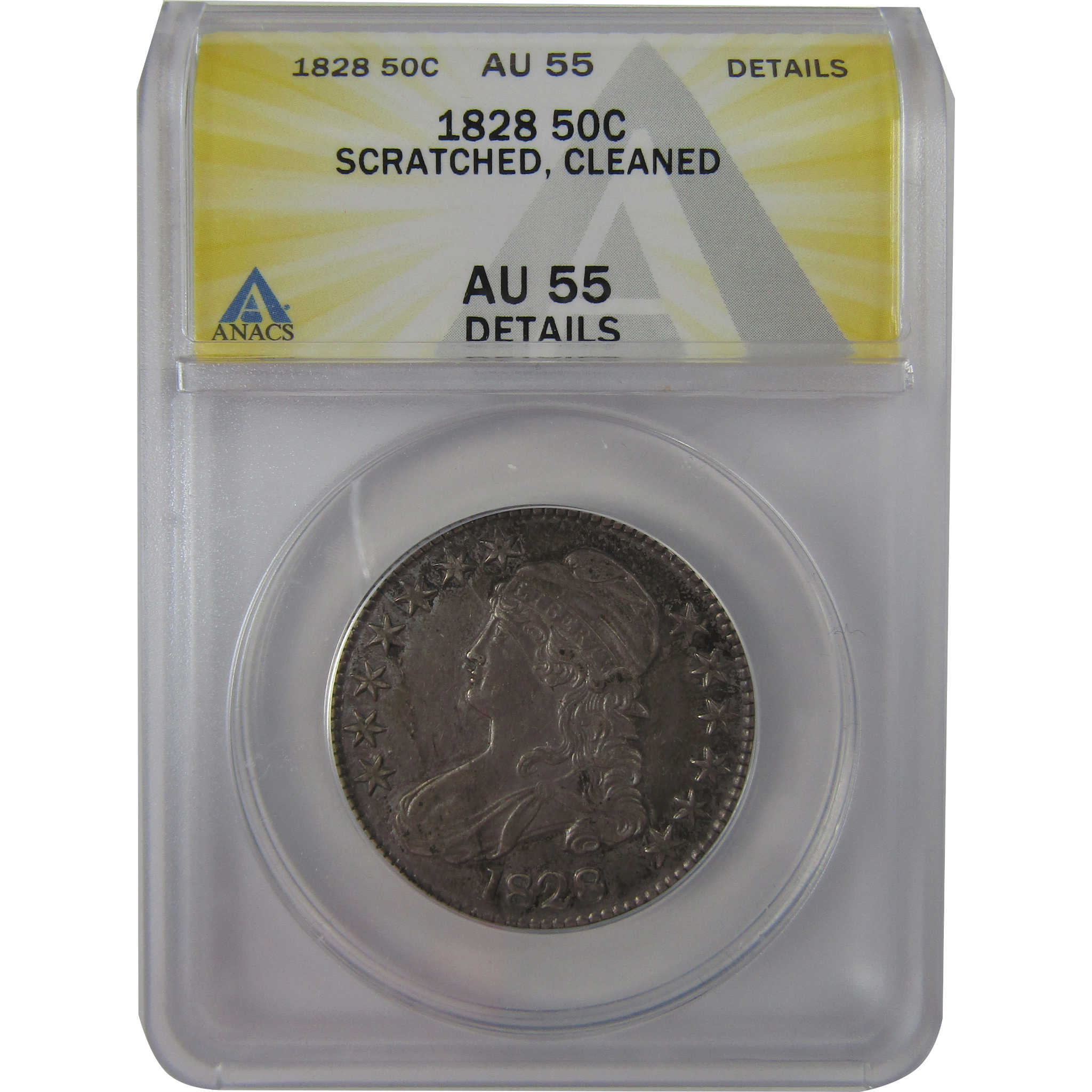 1828 Curl Base No Knob 2 Capped Bust AU 55 Details ANACS SKU:CPC1173