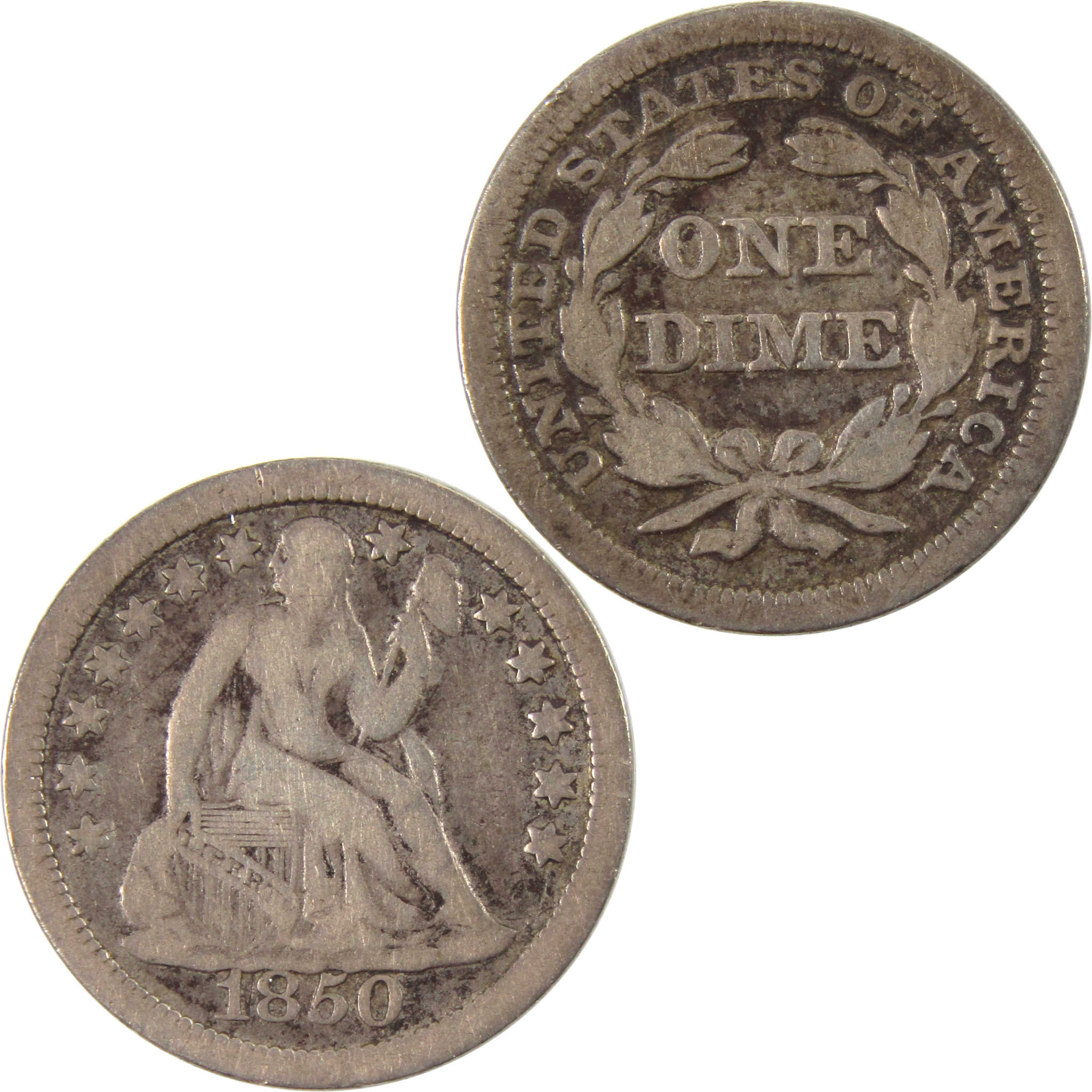 1850 Seated Liberty Dime F Fine 90% Silver 10c Coin SKU:I10149