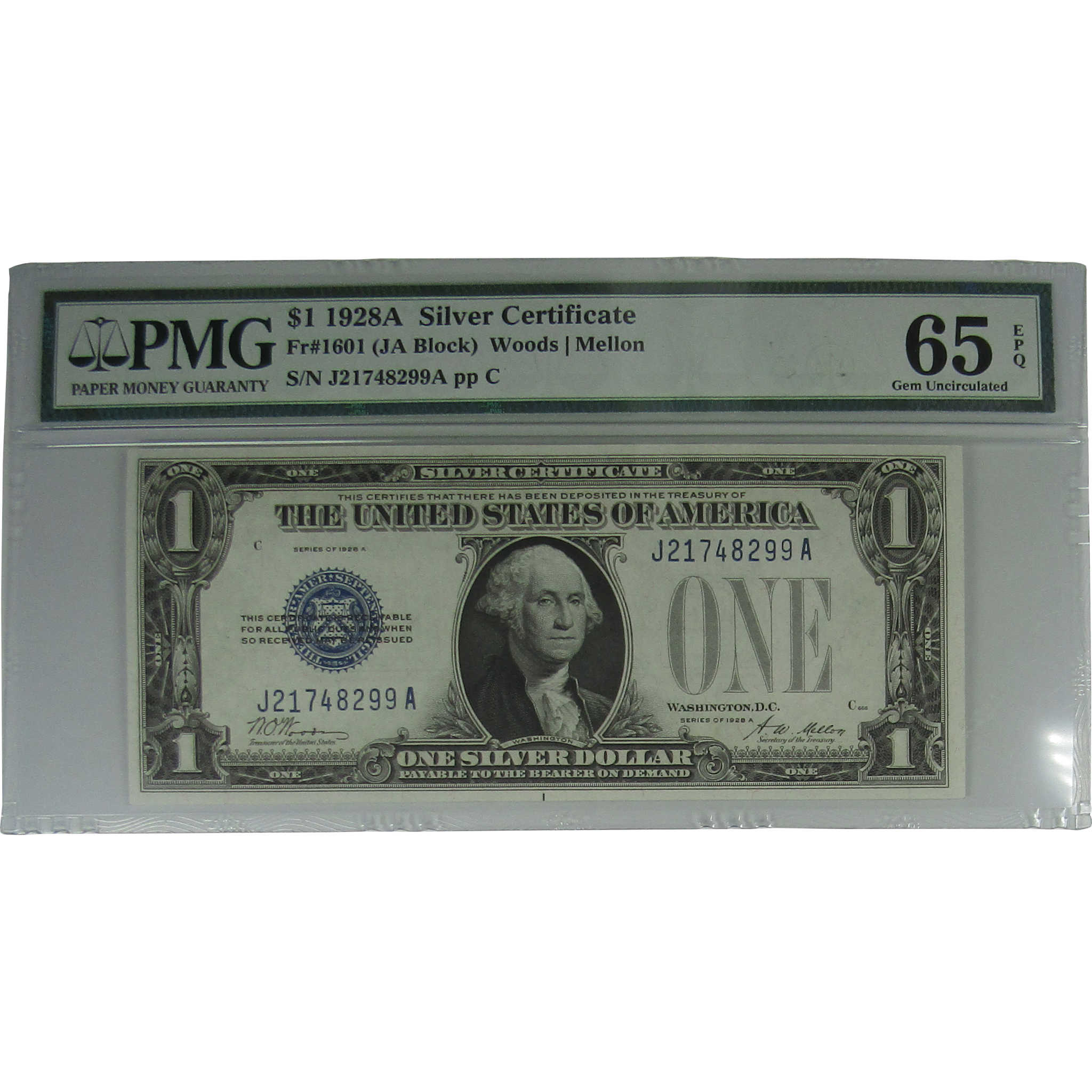 1928 A $1 Silver Certificate Note Fr 1601 Funnyback Gem Unc 65 EPQ PMG
