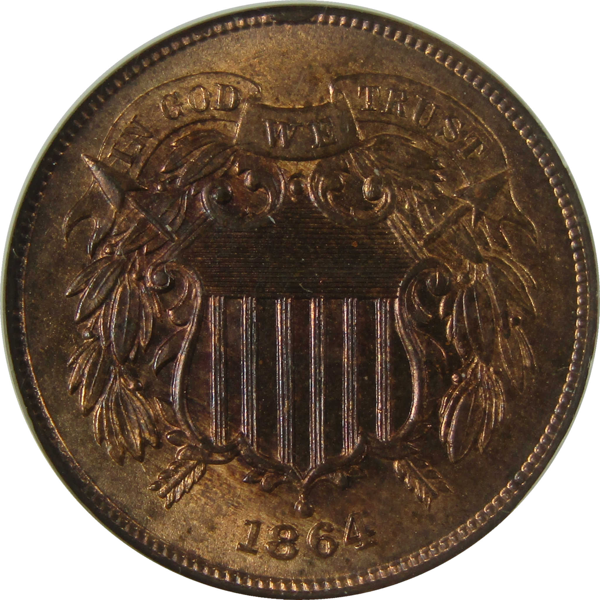 1864 Large Motto Two Cent Piece MS 64 RB NGC CAC SKU:CP1545