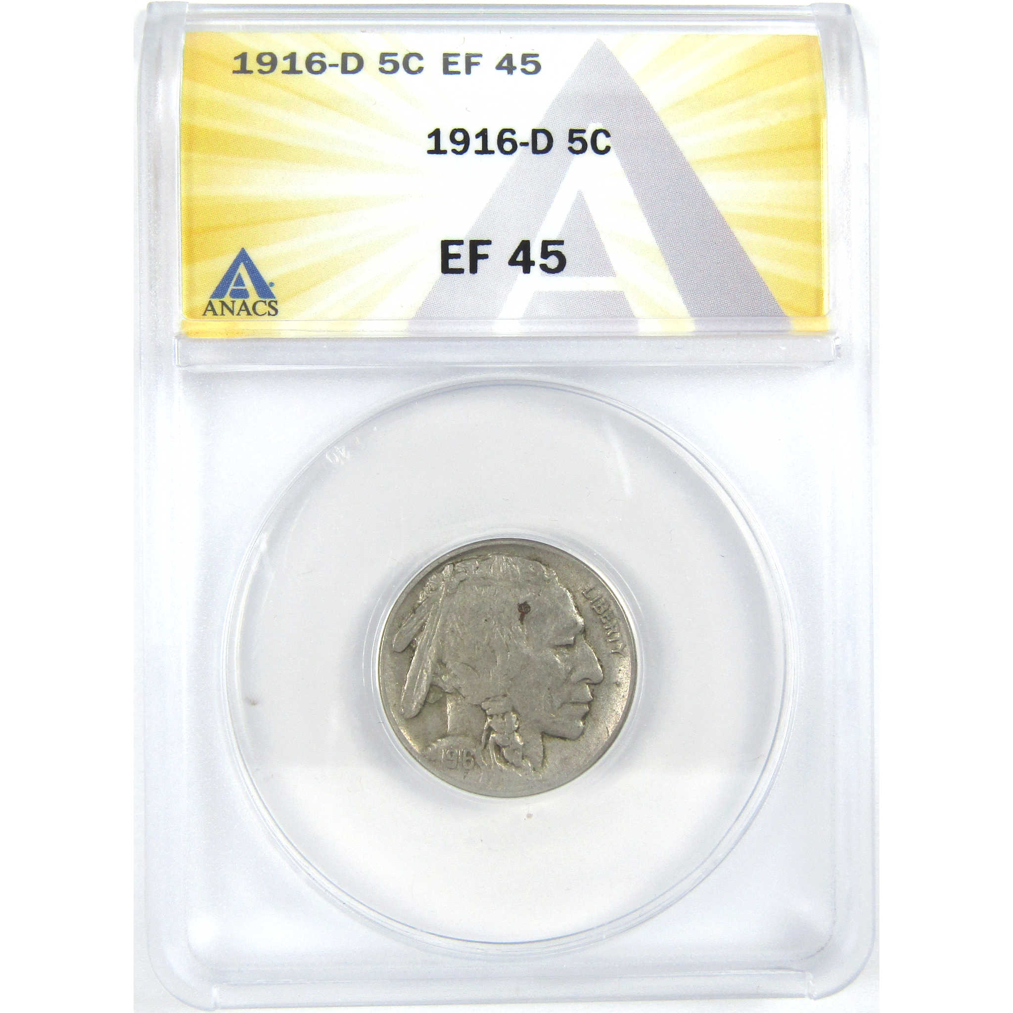 1916 D Indian Head Buffalo Nickel EF 45 ANACS 5c Coin SKU:I16285