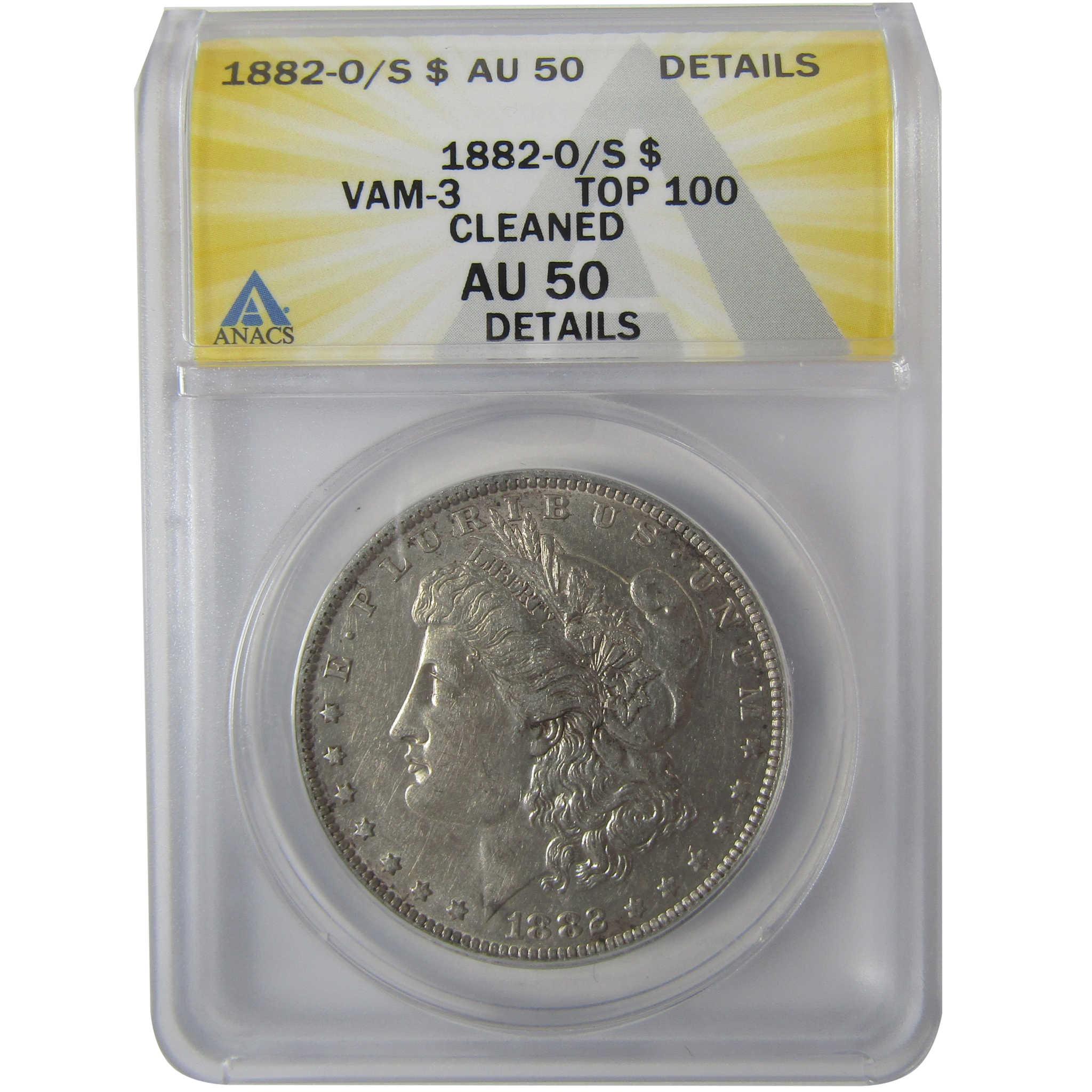 1882 O/S VAM-3 Flush Top 100 Morgan $1 AU 50 Details ANACS SKU:I24457 - Morgan coin - Morgan silver dollar - Morgan silver dollar for sale - Profile Coins &amp; Collectibles