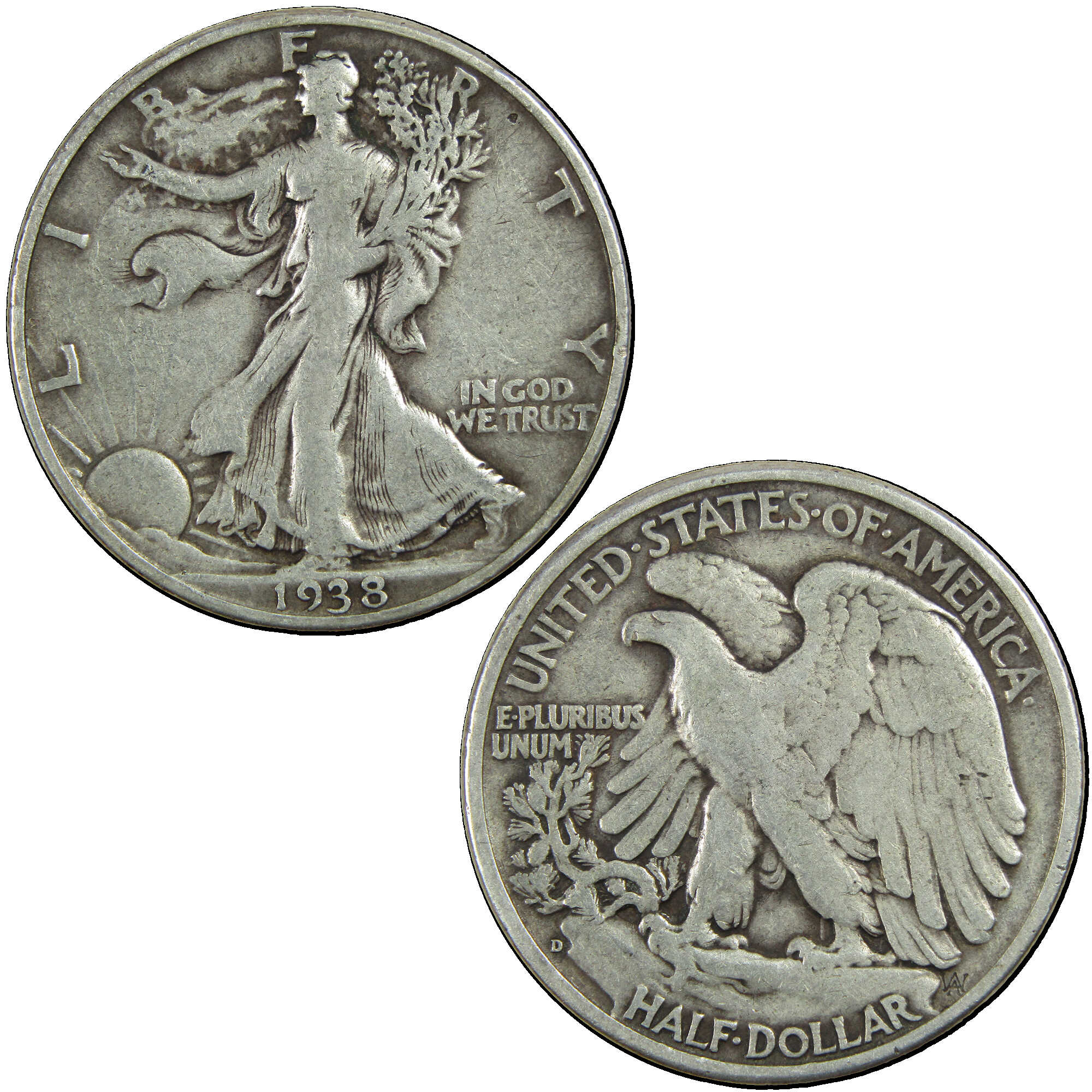 1938 D Liberty Walking Half Dollar F Fine Silver 50c Coin SKU:I12878