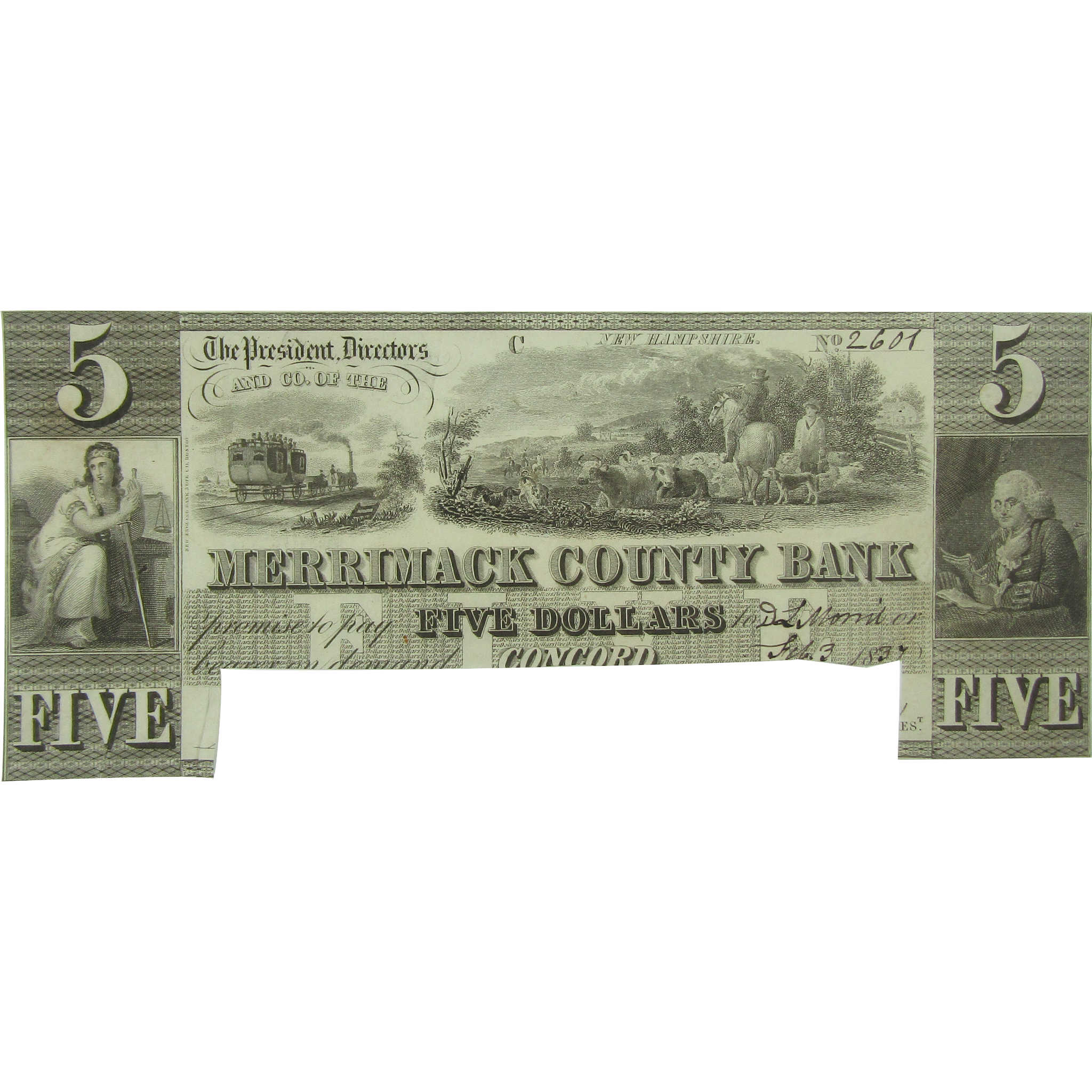 $5 Obsolete Note Merrimack County Bank NH Currency Cut Canceled