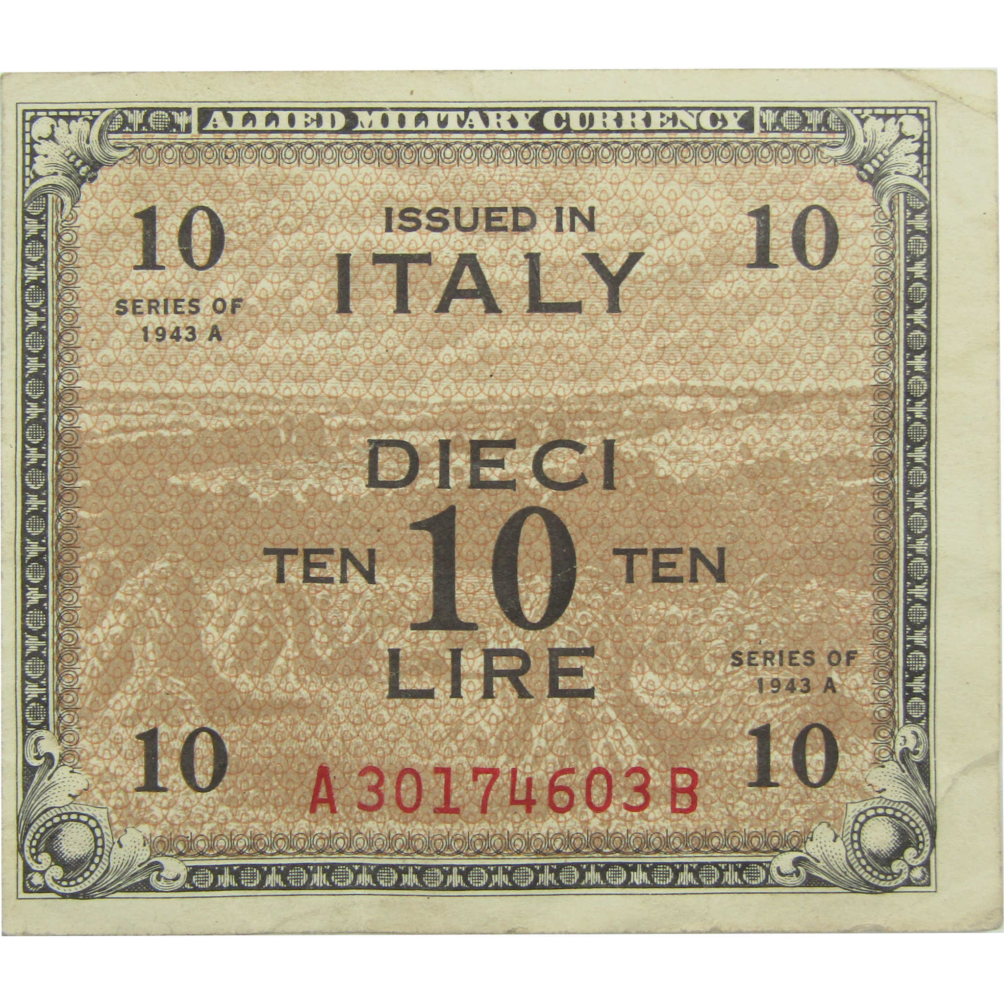 1943-1944 10 Lire Italy Allied Military Currency Note