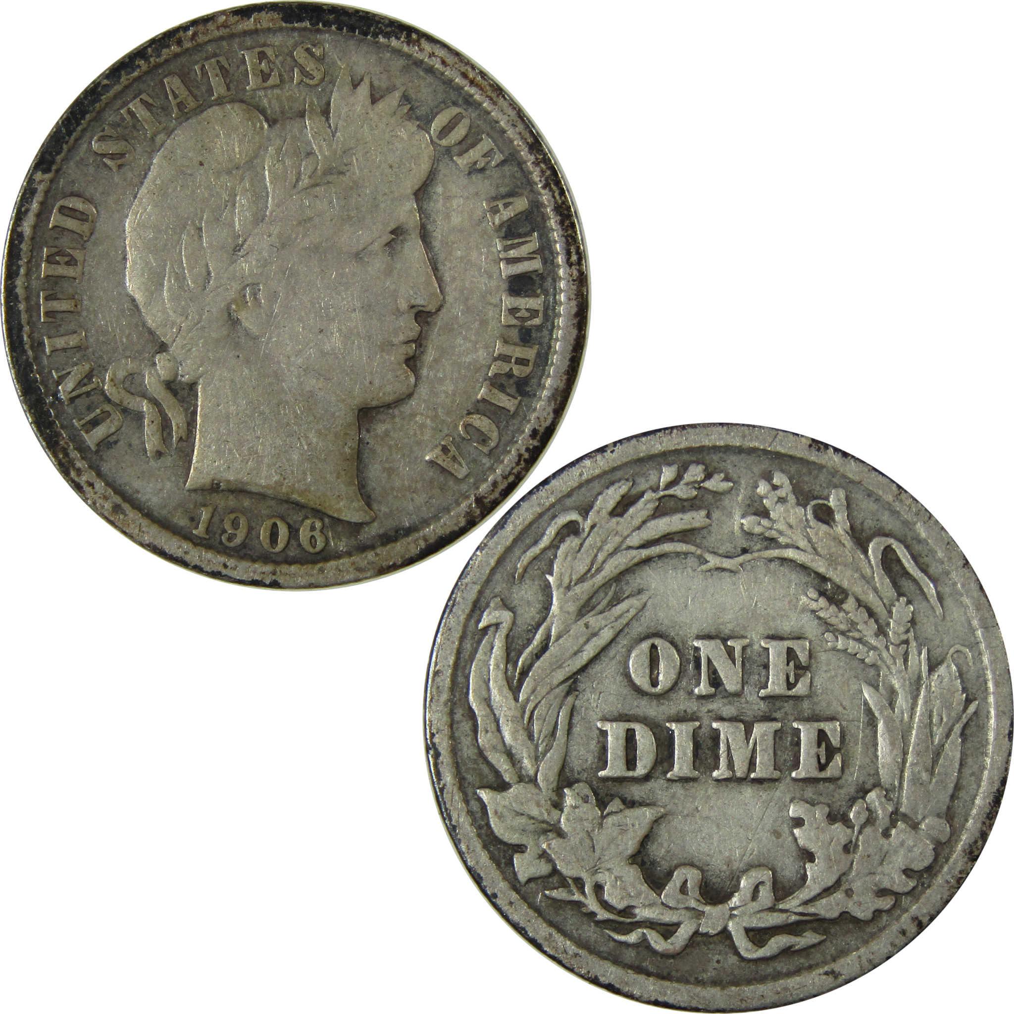 1906 Barber Silver Dime F Fine Details 10c Coin Collectible SKU:CP972