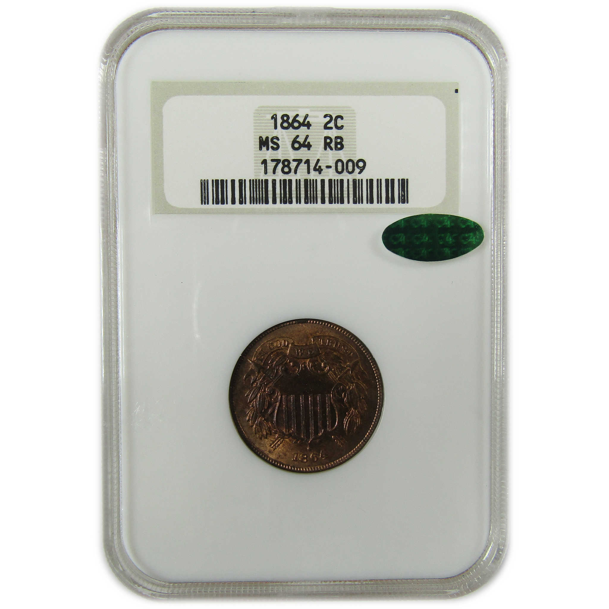 1864 Large Motto Two Cent Piece MS 64 RB NGC CAC SKU:CP1545